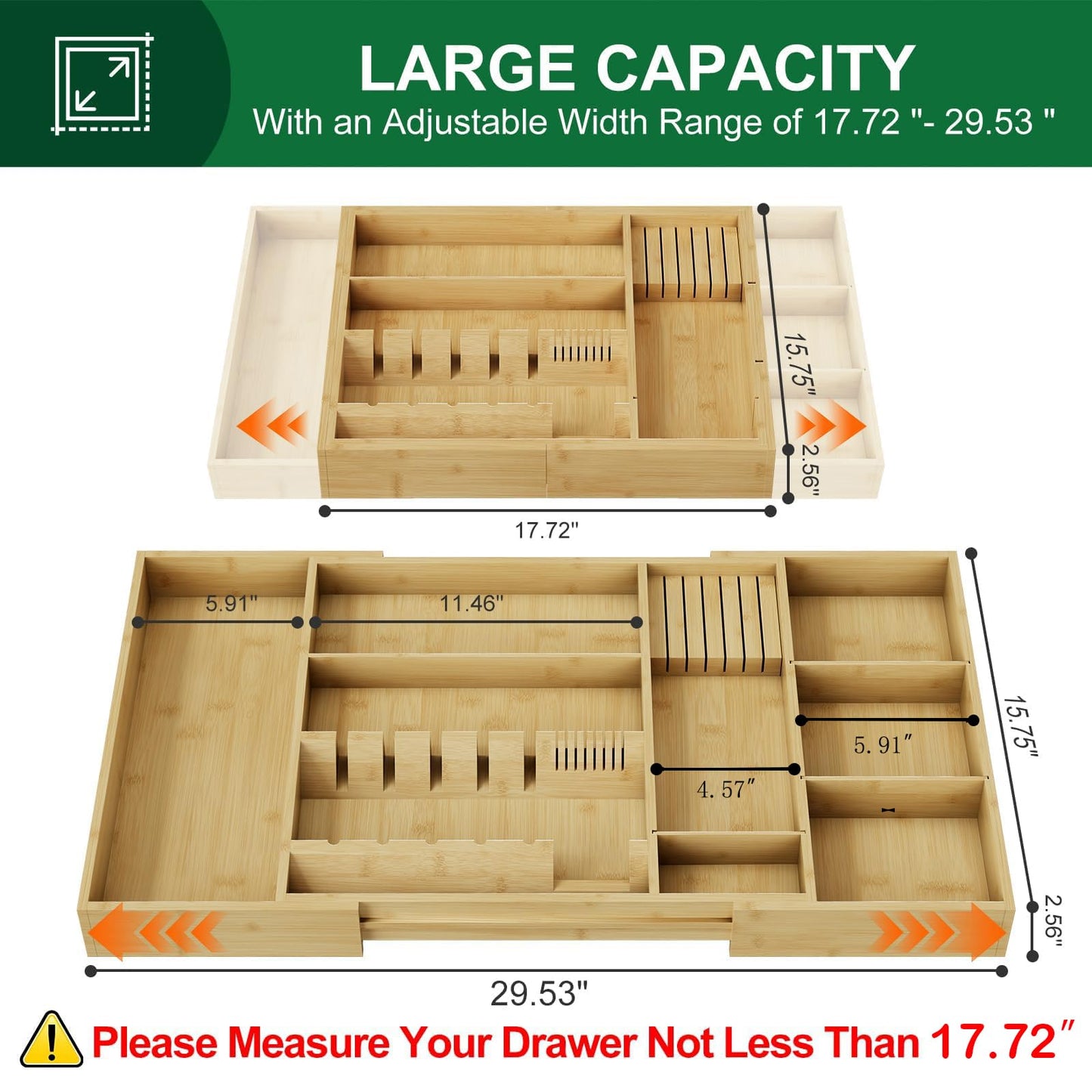 Landmok Large Bamboo Cutlery Organizer, 17.7-29.5 Inch Expandable Utensil Drawer Organizer, 8-Slot Kitchen Drawer Organizer with Removable Card Slots & Knife Block for Spoons Butter Knives, Natural