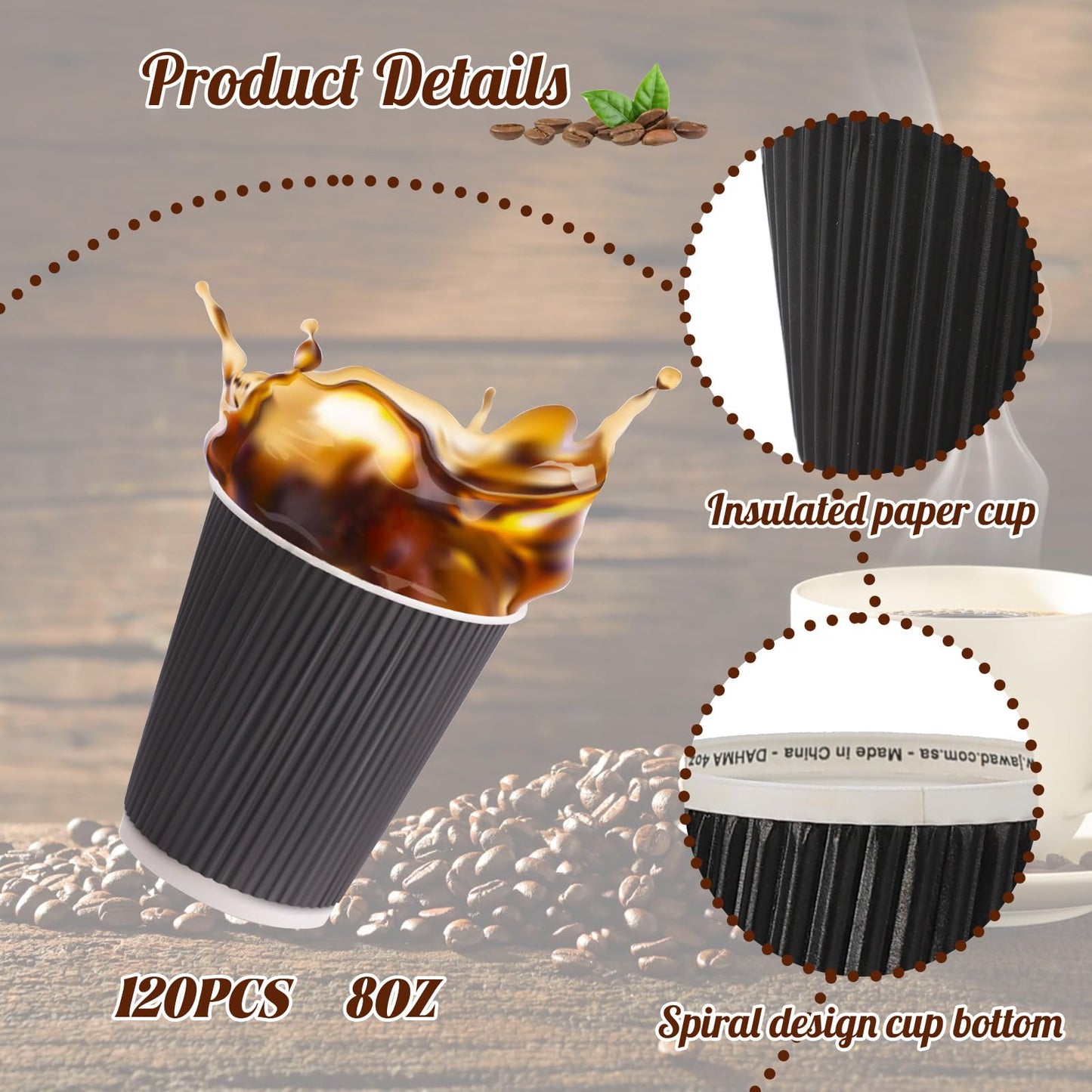 TINSKY 120 Pack 8 oz Disposable Coffee Cups, Insulated Corrugated Black Paper Cups, Kraft Ripple Wall Paper 8 oz Espresso Cups for Hot Beverage or Cold Drinks