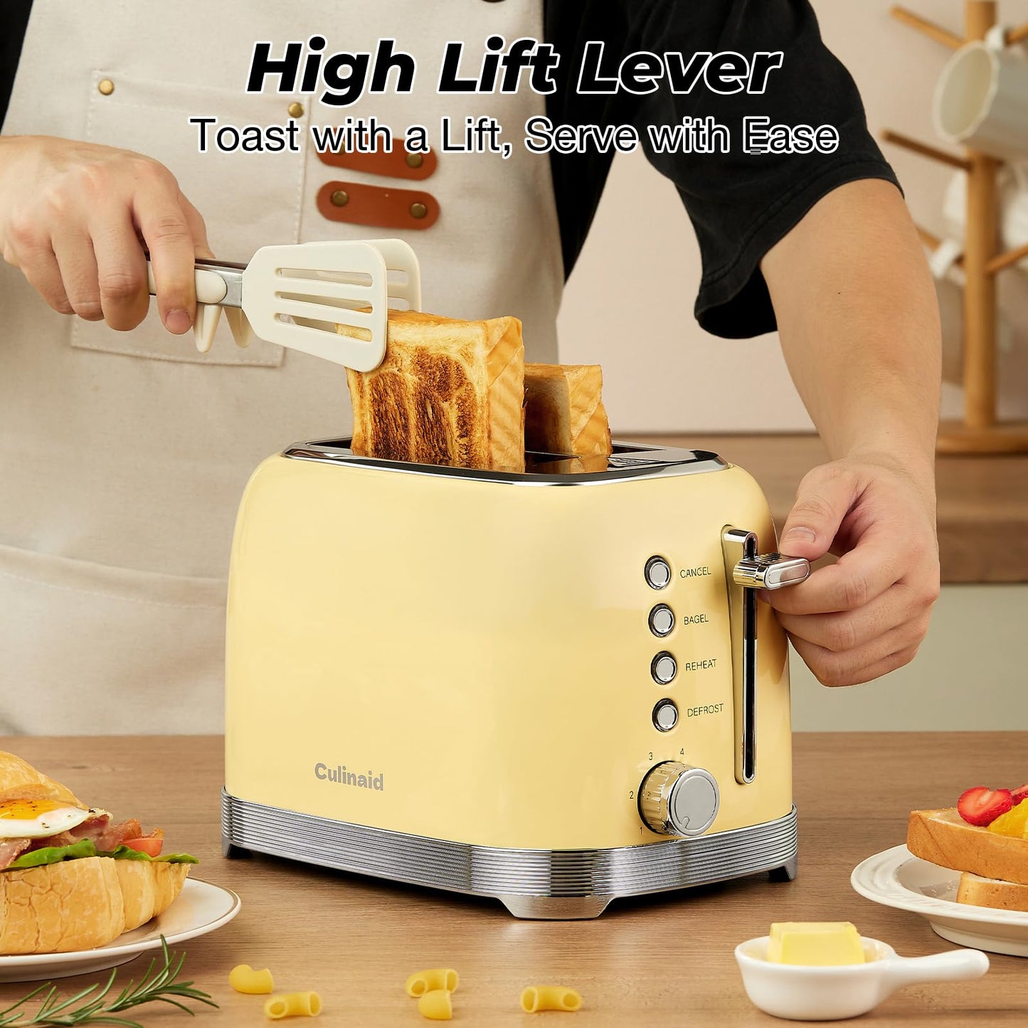 Culinaid 2 Slice Toaster Retro Stainless Steel with 1.5” Extra Wide Slots Bagel, Defrost, Reheat, Cancel Function, 6 Bread Shade Settings, Removable Crumb Tray, Yellow
