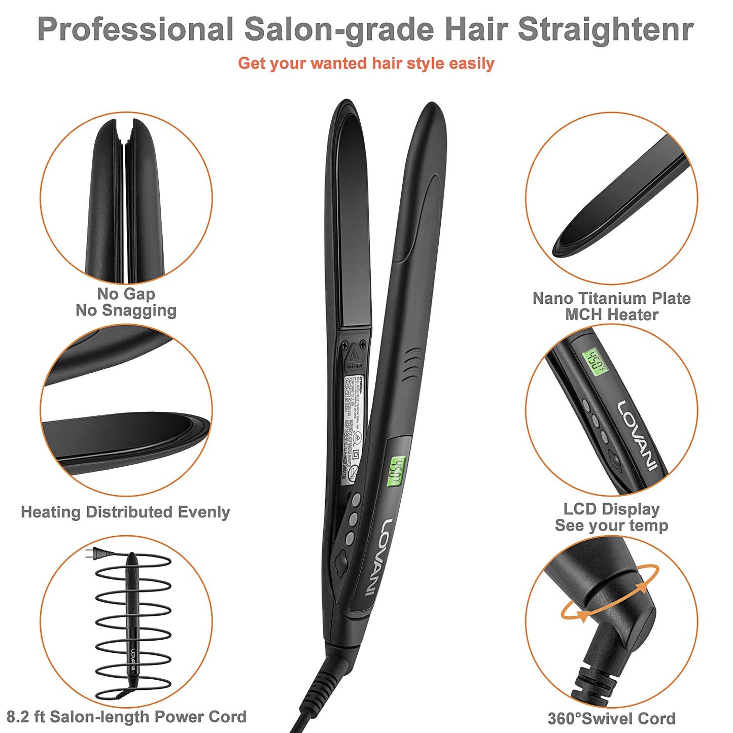 LOVANI Professional Flat Iron 450F LCD Display Salon Super Slim Hair Straightener with Heat Resistant Bag,2 Salon Clips Black