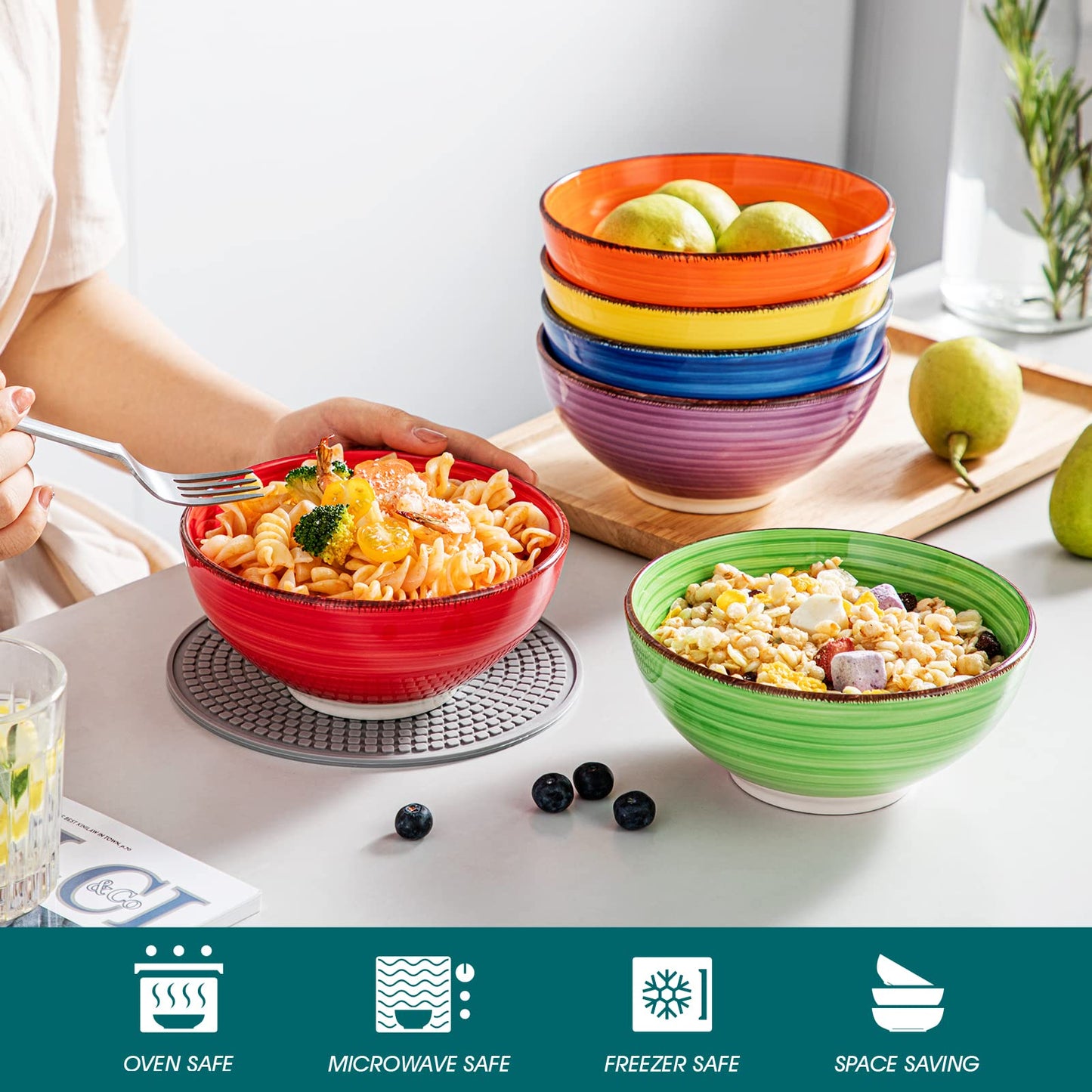 vancasso Bonita 27 Oz Cereal Bowls Set of 6, Ceramic Bowls, 6 Inch Soup Bowls, Dishwasher & Microwave Safe