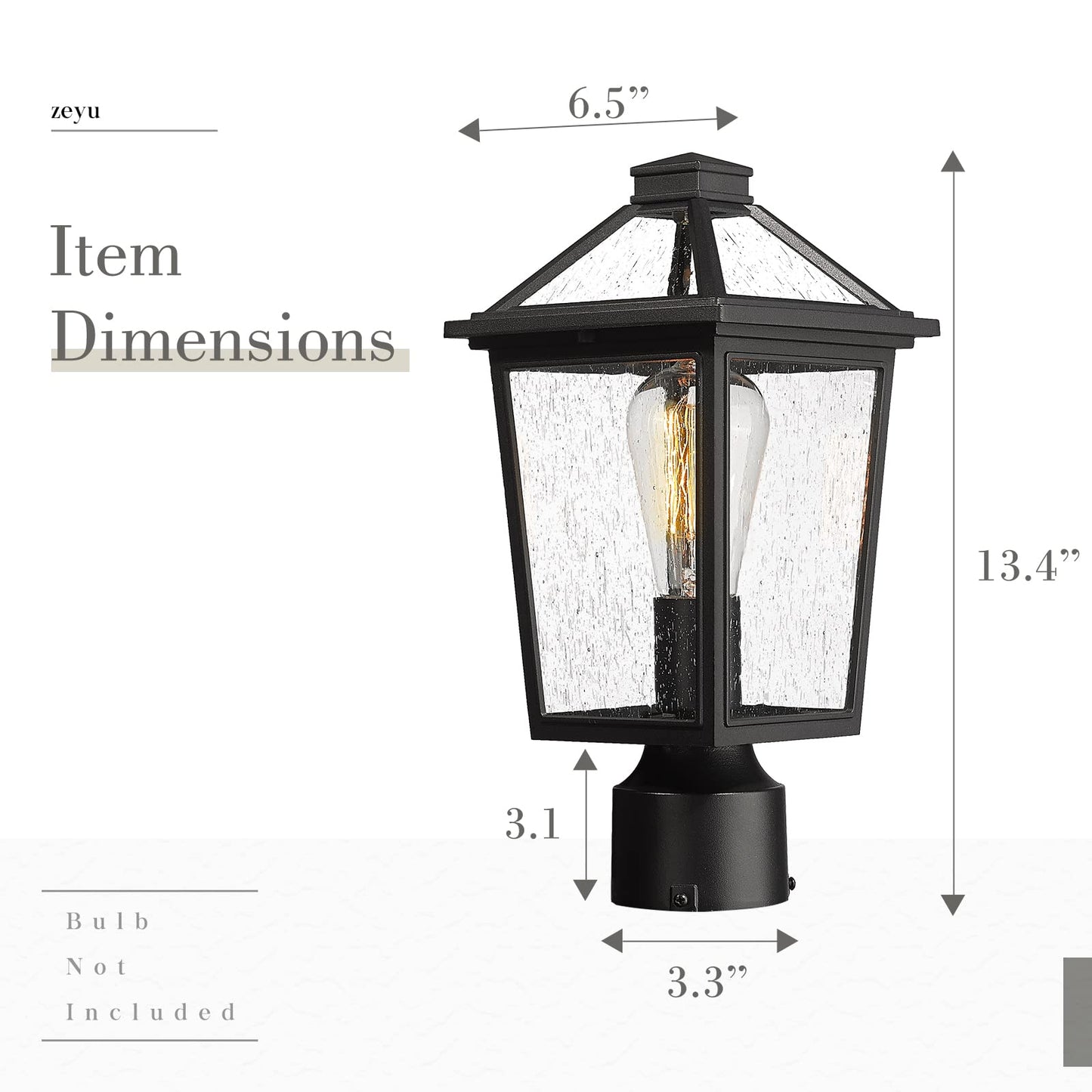 Zeyu Farmhouse Outdoor Post Light Fixture, 13.4 Inch Column Lamp Post Lantern for Garden Patio House, Die-Cast Aluminum in Black Finish, Seeded Glass Shade, ZX58P BK