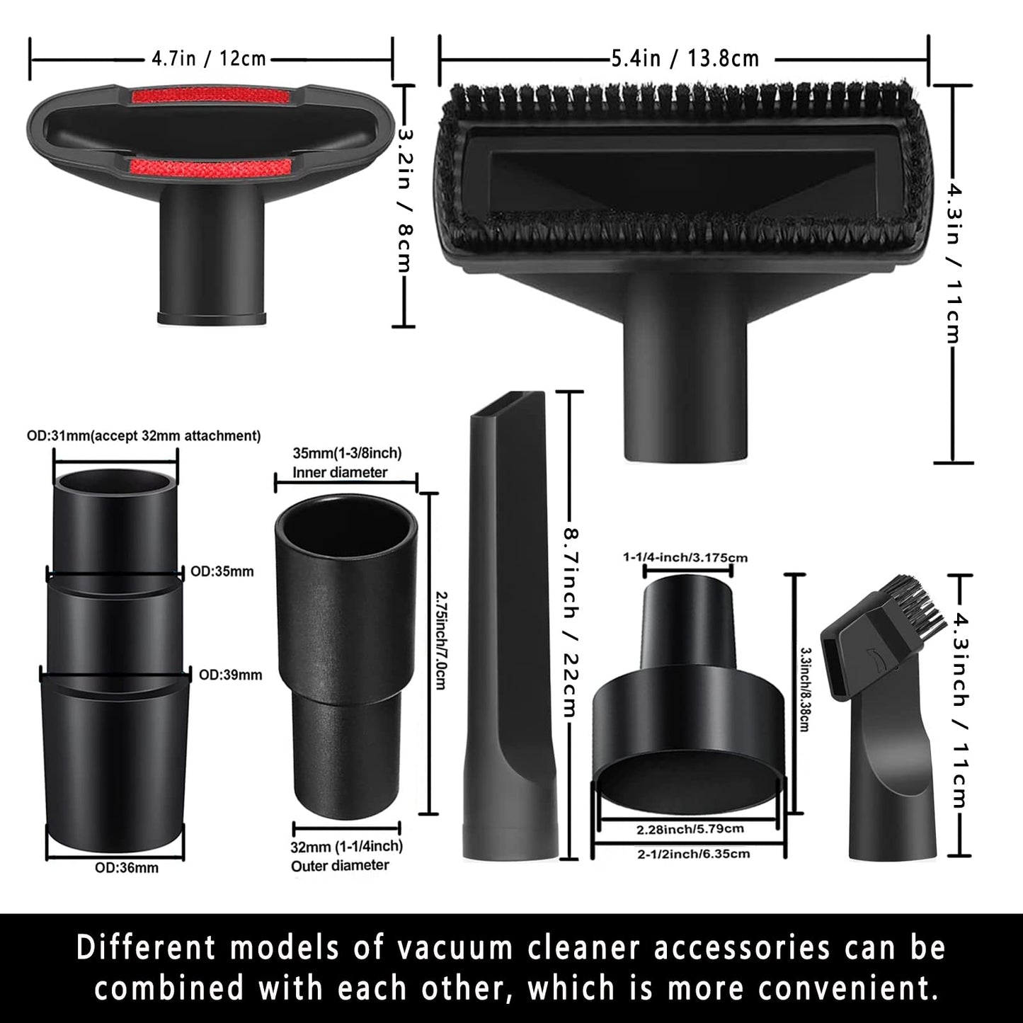 12Pcs Universal Vacuum Attachment Professional Shop Vac Accessories Wet Dry Vacuum Hose Adapter with Hair Brush Extension Wand Flexible Crevice Tool fit 2 1/2" to 1 1/4" and 1 7/8" to 1" Vacuum Hose