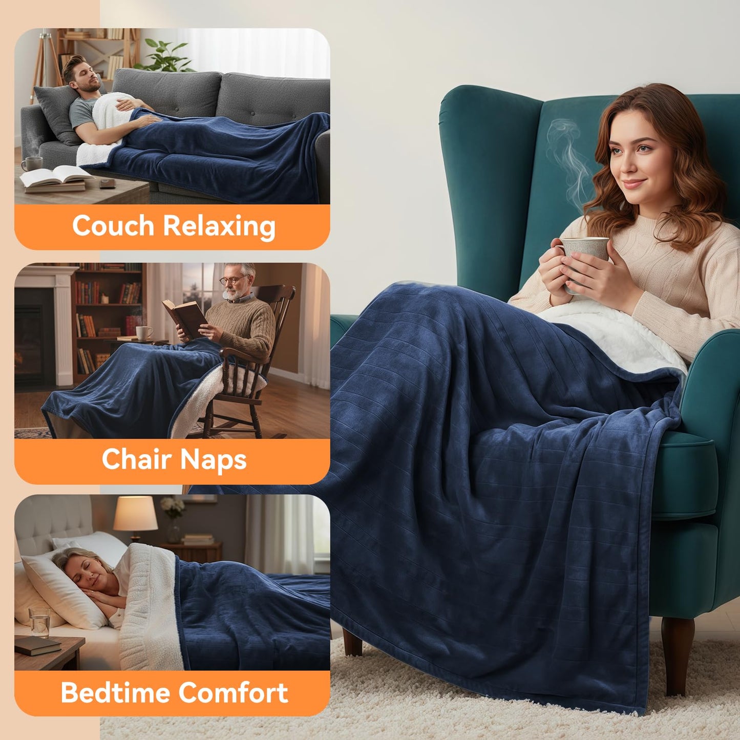 Qoosea Heated Blanket Throw Electric Blanket Twin Throw 50 * 60 inch with 9 Heating Levels 9 Timer Settings Auto Shut Off Soft Flannel Heating Blanket Wrap Warm for Home Office Room Blue