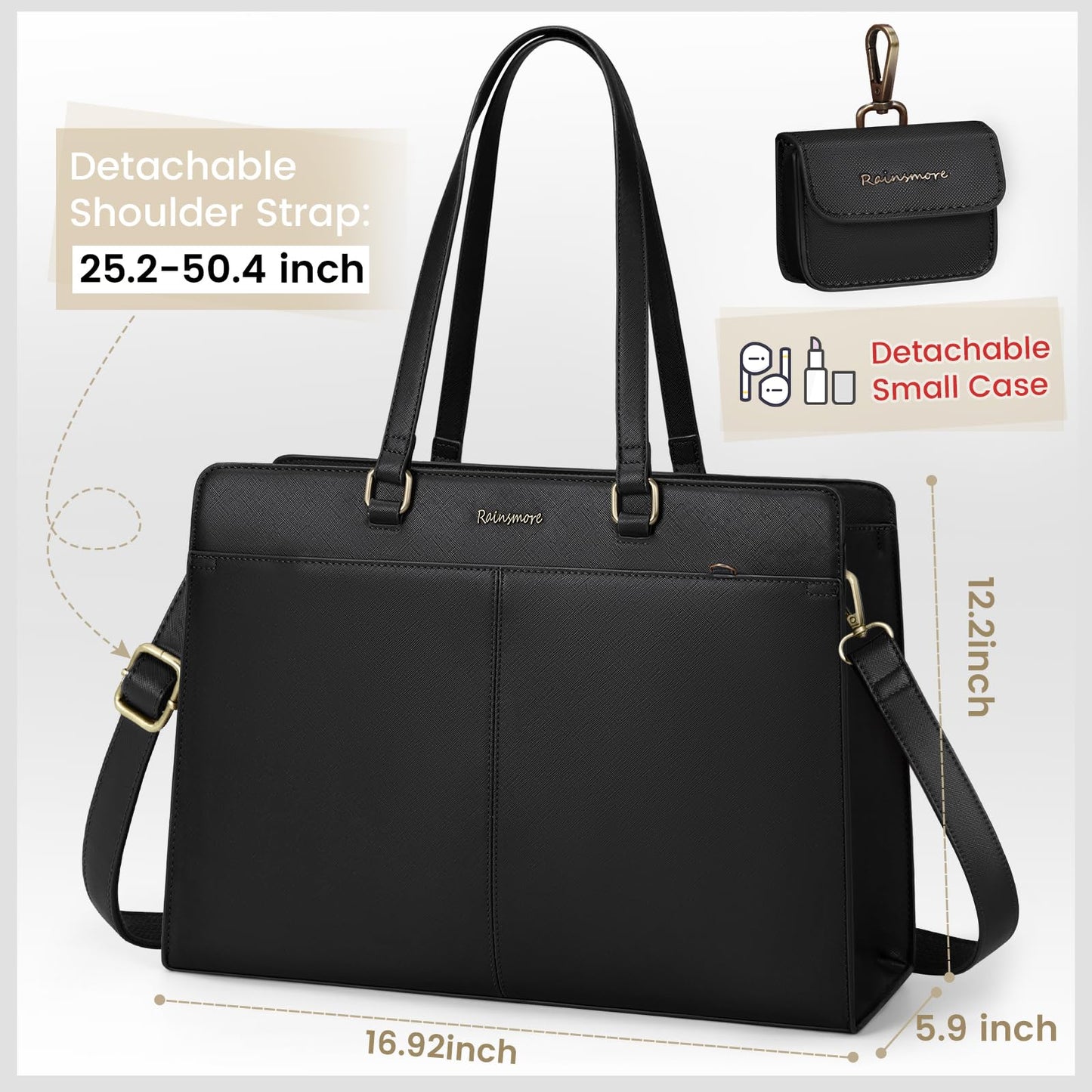 RAINSMORE Laptop Bags for Women 15.6 Inch Work Tote Bags Womens Waterproof PU Leather Shoulder Bag Laptop Briefcase for Office Women Black