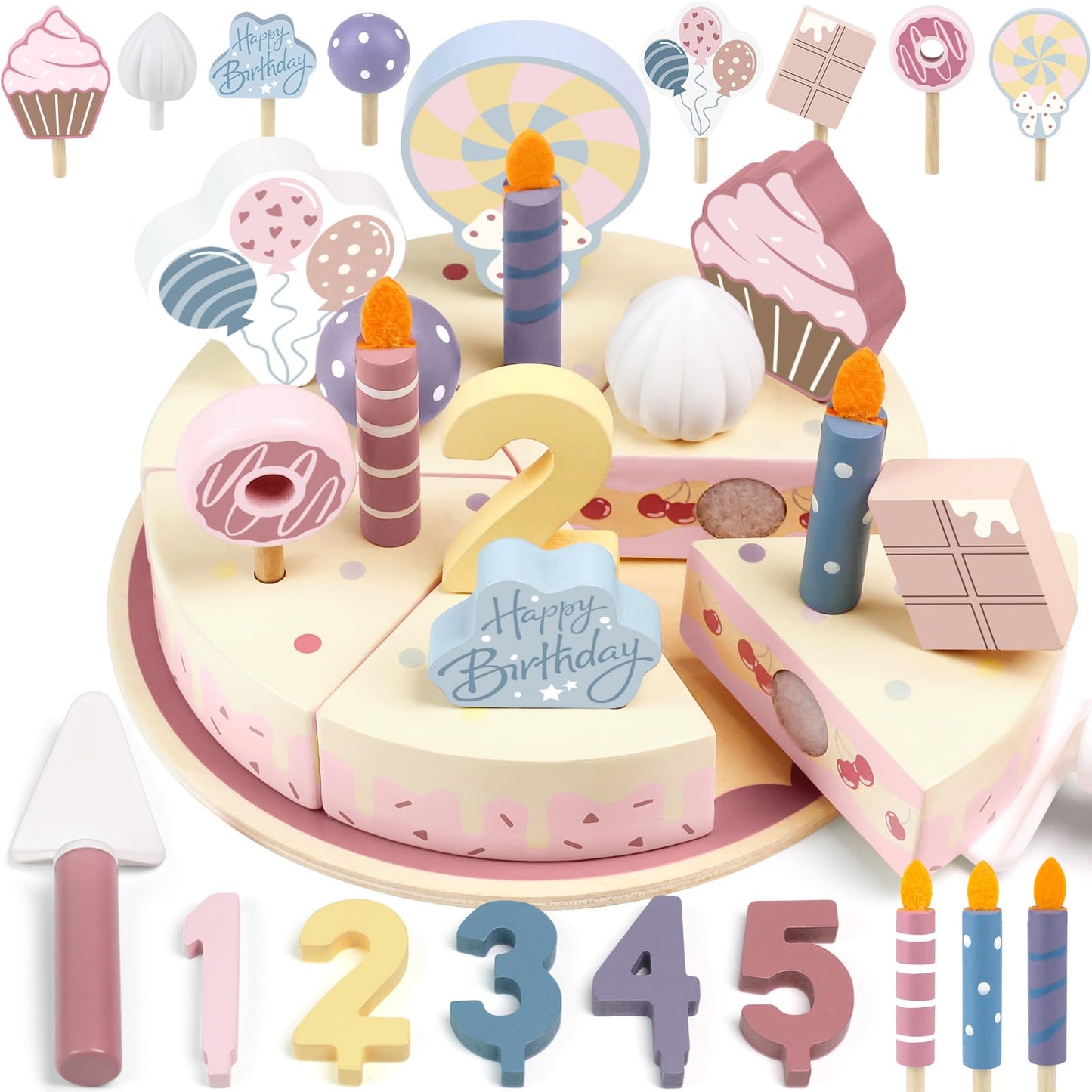 Airlab Wooden Birthday Party Cake Play Food Sets for Toddler 2 3 4 5 Year Old Girls Boys Kids Kitchen Accessories Pretend Play Toy Gift Educational Toys