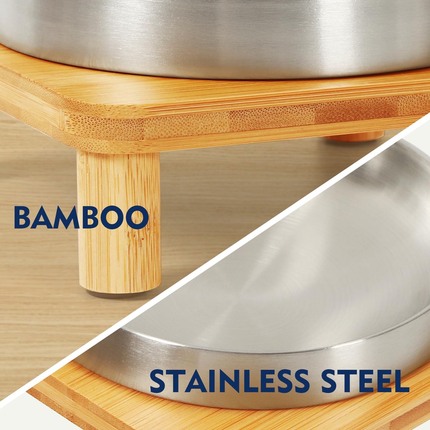 DoogCat Elevated Cat Bowls for Indoor Cats – Raised Bamboo Cat Food Table with 2 Stainless Steel Dishes, Adjustable Height (4.25"/3.07"), Whisker Friendly Feeding Station
