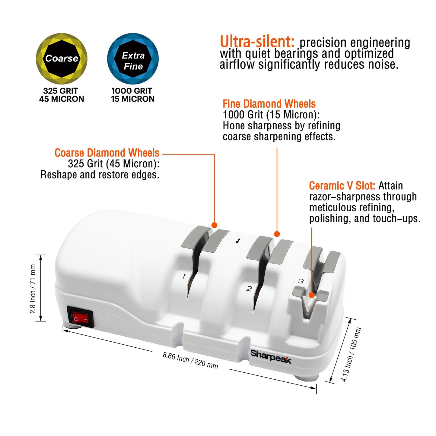 Sharpeak 198H-SPK Professional Electric Knife Sharpener with Versatile 3 Stages, Monocrystalline Diamond Wheels, Overheat Protection, Mothers Day Gifts, Quick Sharpening, Premium Fathers Day Gift