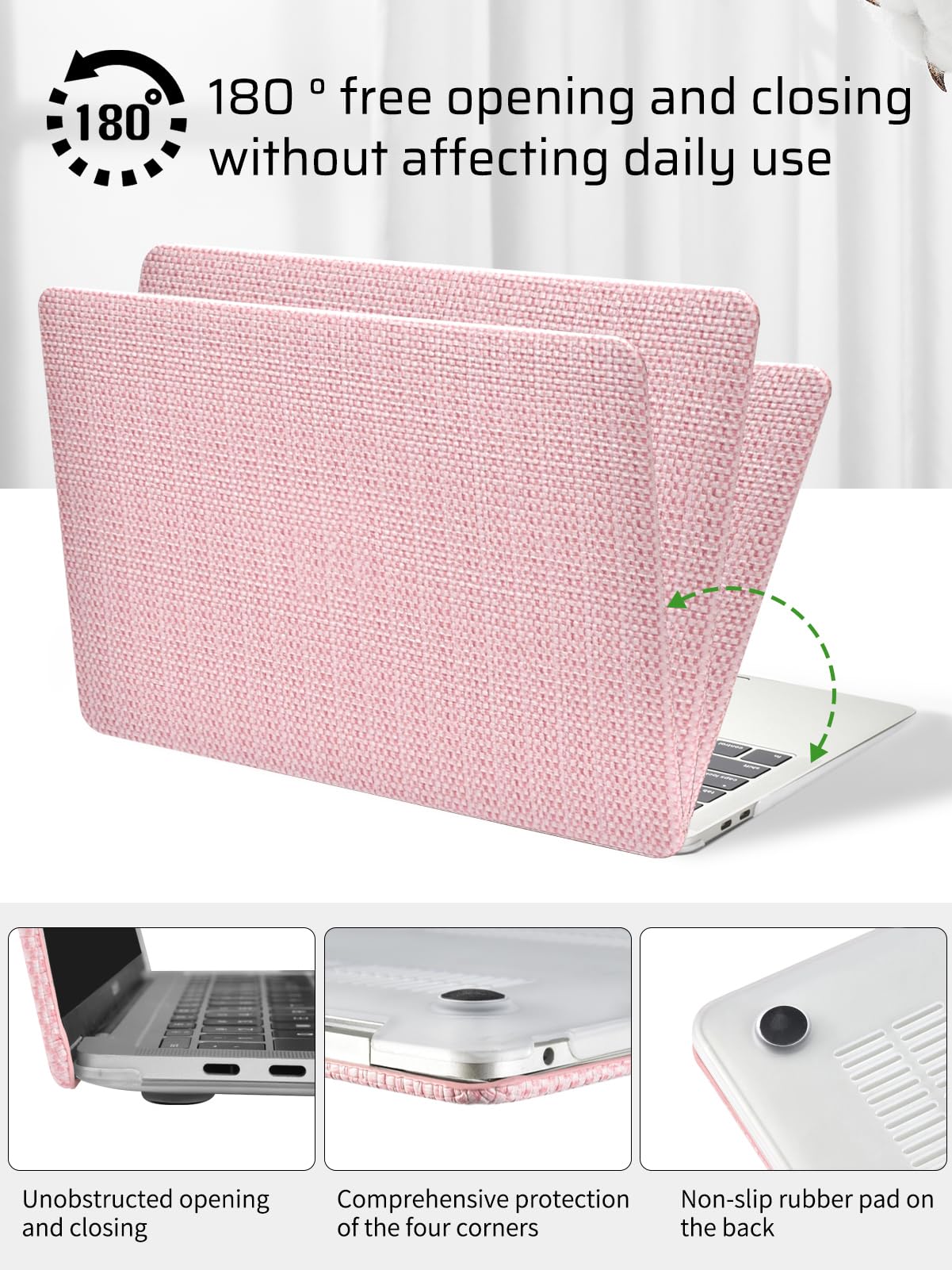 Seorsok Compatible with MacBook Air 13 Inch Case2022 2021 2020 2019 2018 Release A1932 A2179 M1 A2337 Touch ID,Elegant Leather Plastic Hard Shell Case Transparent Keyboard Cover,Pink Woven Fabric
