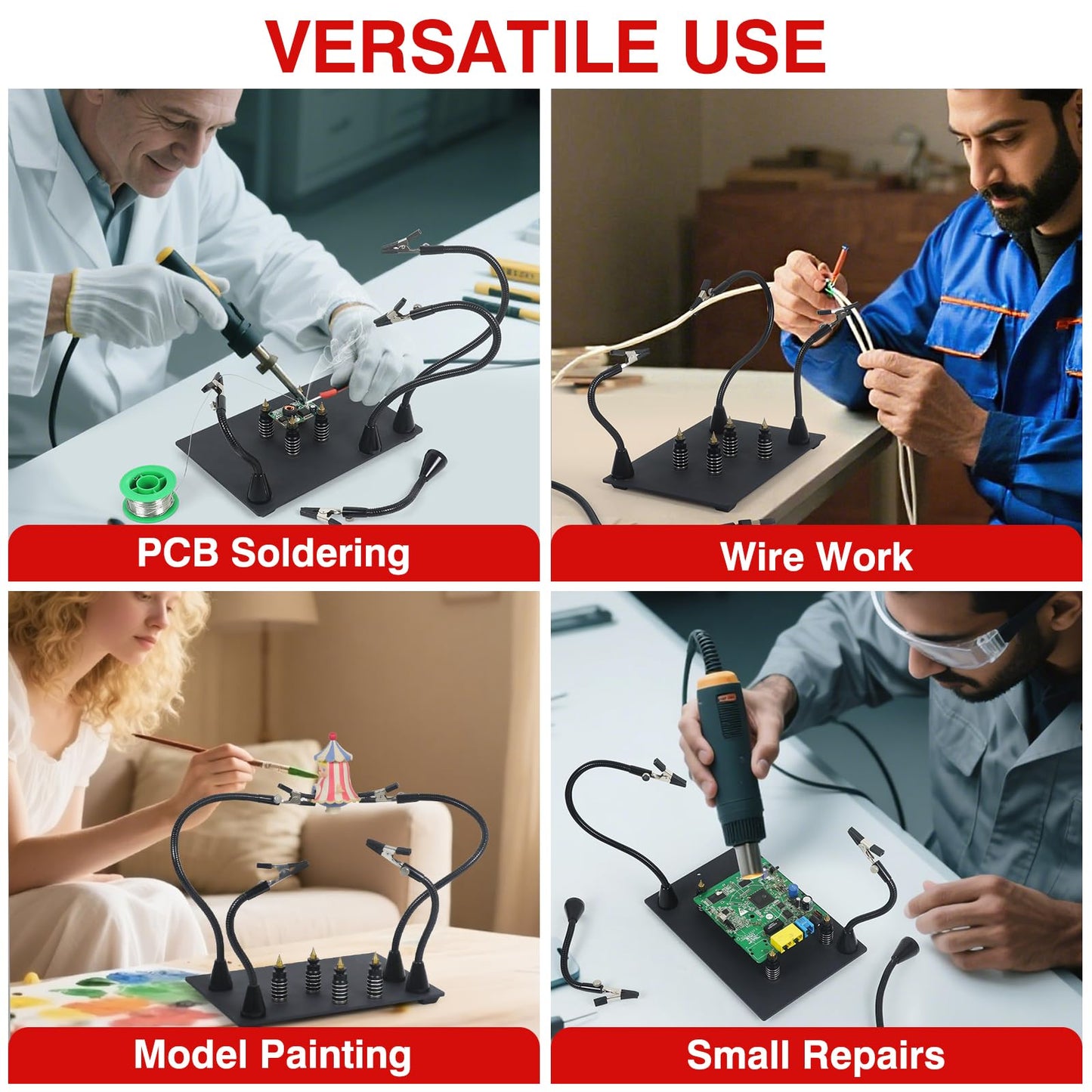 Magnetic Helping Hand, Soldering Helping Hands, 4 PCB Pillars Circuit Board Holder with Flexible Metal Arms Heavy Duty Base Electronic Repair Tool