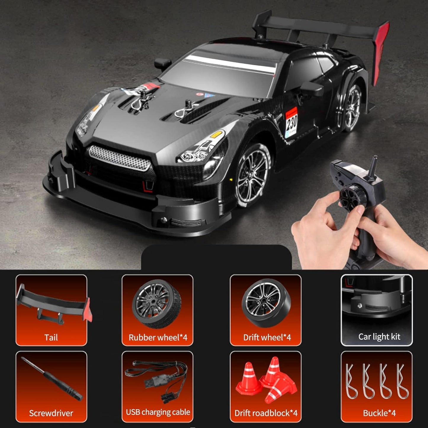 GoolRC RC Drift Car, 1:16 Scales GTR Model Pro RC Car, 4WD 30KM/H High Speed RC Racing Car 2.4GHz RTR Drift RC Cars with LED Lights for Adults and Kids