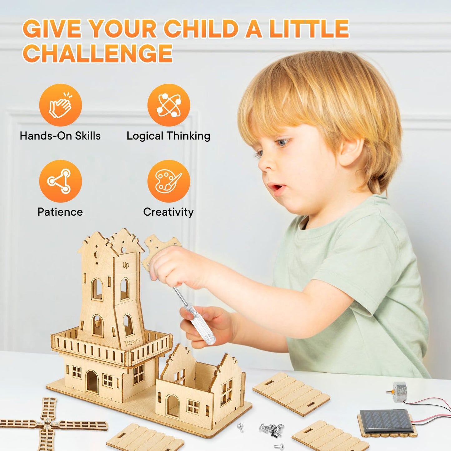 STEM Solar-Powered 3D Wooden Puzzle Kit - DIY Dutch Windmill House Building Toy | Educational Science Craft for Kids 8-15 & Adults | Hands-On Creative Model Project