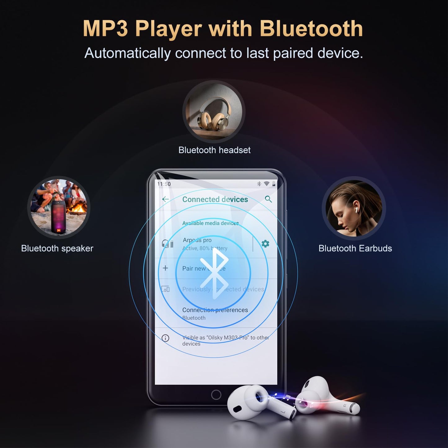 80GB MP3 Player with Bluetooth and WiFi, Mp3 & Mp4 Music Player with Spotify, Amazon Music, Deezer, Audible, Browser, 4.0" IPS Touch Screen Android Player with Speaker, FM Radio, Up to 512GB（Black）