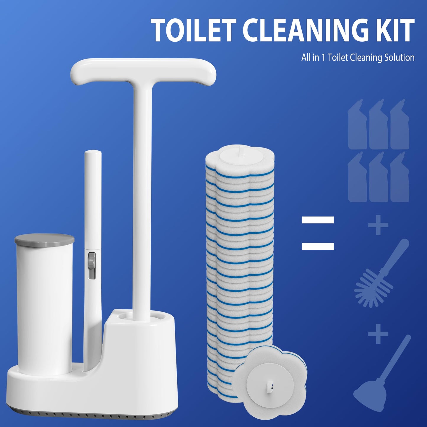 Disposable Toilet Brush and Plunger Set, Dual Handdle Toilet Plunger, All-in-1 Bathroom Cleaning Kit with 18PCS Refills, Toilet Cleaning Stick and Ventilated Holder, Bathroom Essentials (White)