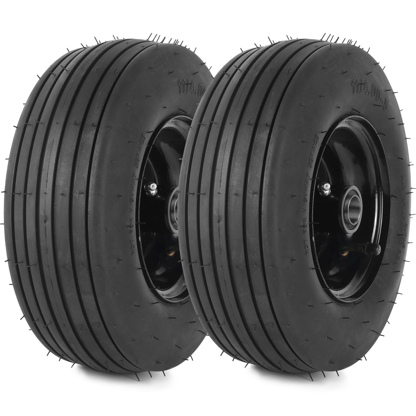 AR-PRO (2-Pack) 11x4.00-5 Tire and Wheel Assembly, 11x4-5 Lawnmower Tire (4-Ply) and Rim with Tube, 3.4”-4”-4.5”-5” Centered Hub with 3/4” Bushing, Universal Lawn Mower/Yard Tractor Turf Tires