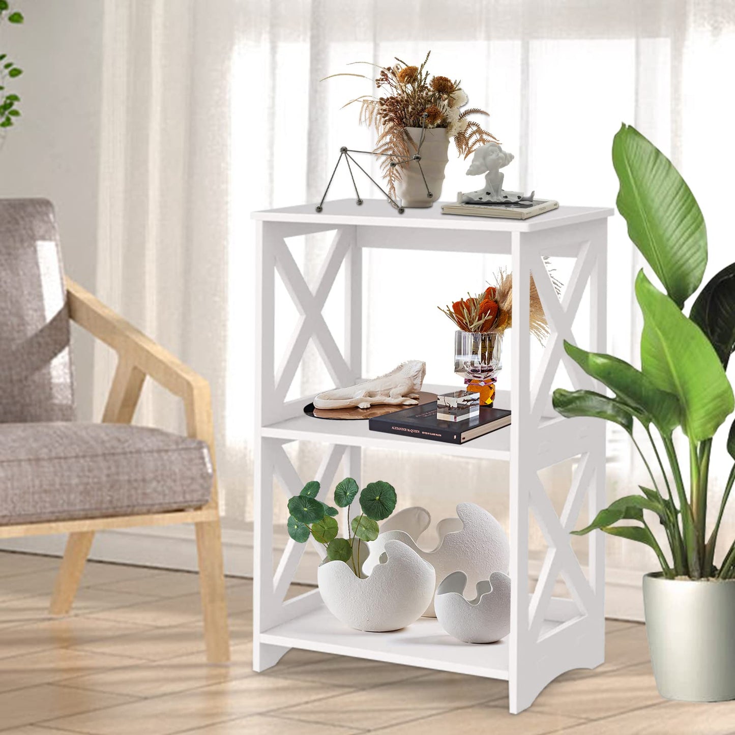 OKSTENCK Small Bookshelf Bookcase 2 Layers, White Side Table, Bedside Table, End Table, Suitable for Living Room, Bedroom, Office.