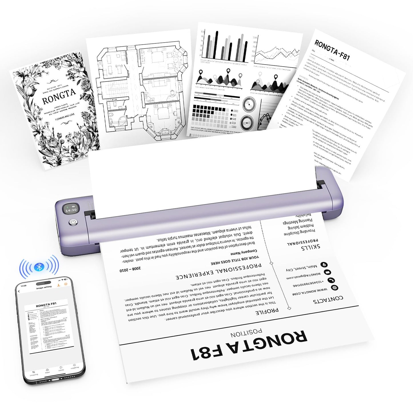 Rongta Portable Printer Wireless for Travel, Inkless Thermal Printer, Compatible with Android,iOS & Laptop, Small Bluetooth Mobile Printer for School/Office/Home Use (Purple)