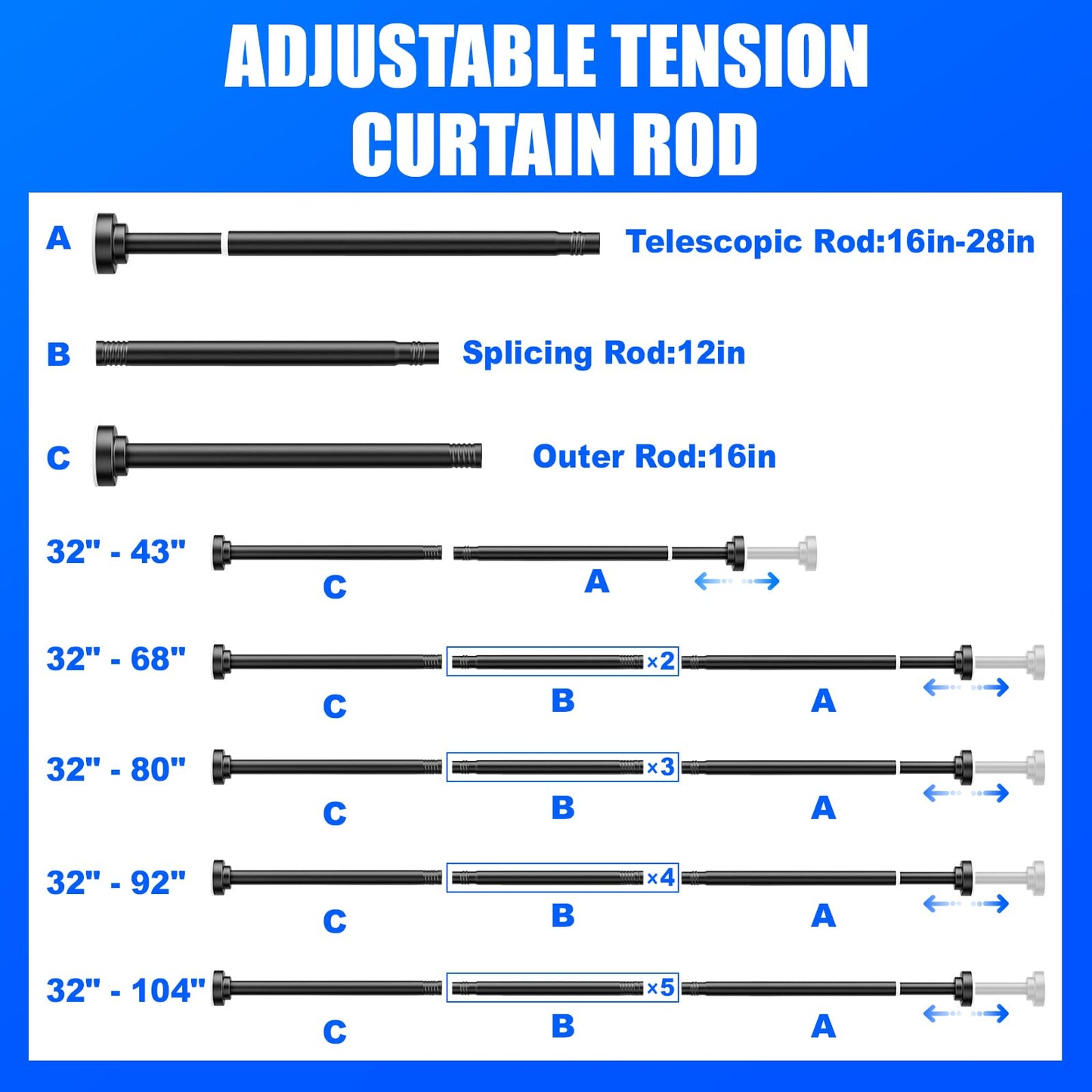 Ausemku Shower Curtain Rod - 32-92 Inch Rustproof Tension Rod, Non-Slip Spring Design, No Drilling Adjustable Curtain Rod for Bathroom, Kitchen, and Closet（Black）