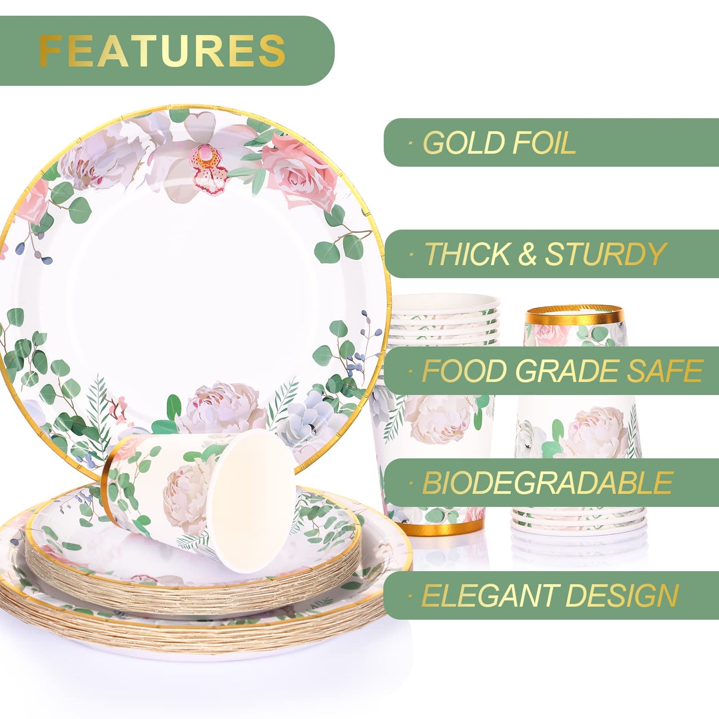 Floral Party Decorations - Bridal Shower Plates & Napkins Set for 24 Guests - Tea Party Themed Decorations, Floral Paper Plates, Cups & Napkins for Baby Shower, Birthday, Wedding