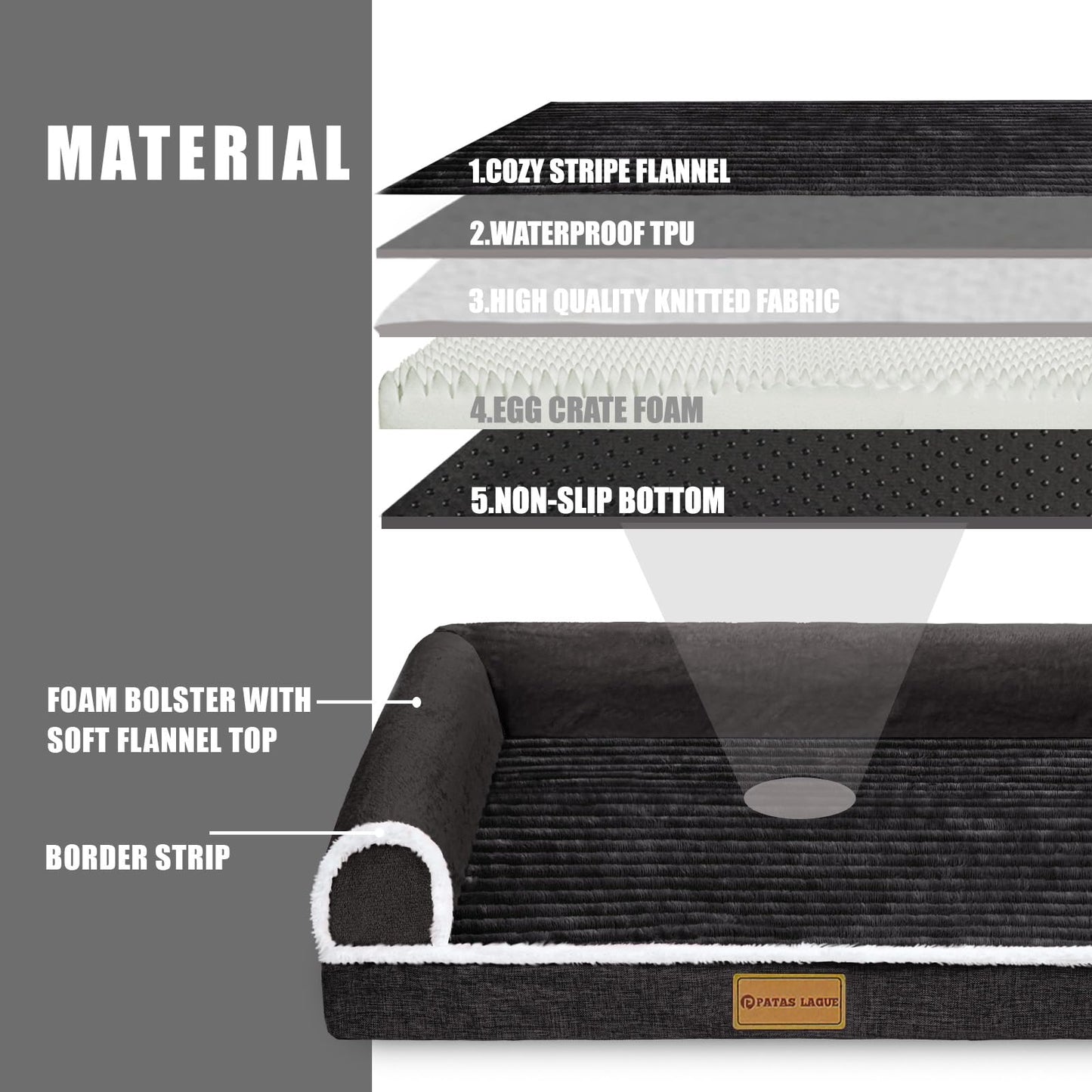 Patas Lague Orthopedic Dog Bed Large Sized Dog 91x61cm, Waterproof Comfortable L Bolster Medium Non-Slip Soft Warm Pet Crate Bed Sleep Sofa mat with Removable Washable Cover, Black