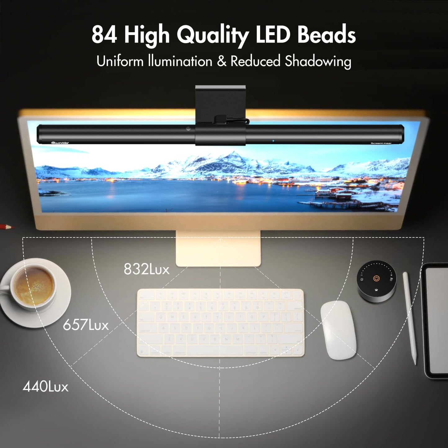 Quntis Monitor Light Bar 16'' with Remote, Fit for Curved Monitors, Eye-Care Computer Screen Light Bar, Auto-Dimming Dimmable Work Office Gaming Desk Lamp