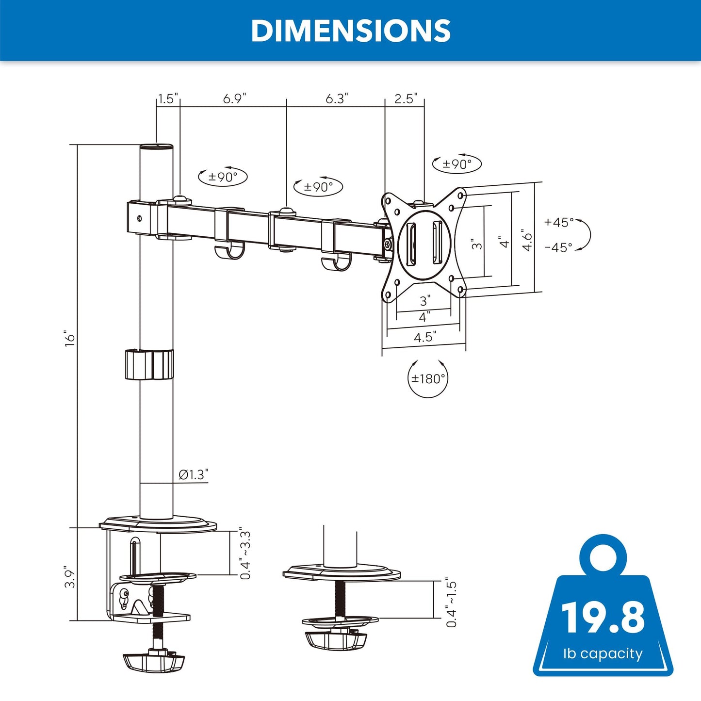 Mount-It! Single Monitor Arm 17" to 32", Full Motion Adjustment with Tilt, Rotation, Swivel, Height Adjustment Along Pole, Clamp or Grommet Mounting, Monitor Desk Mount VESA 75x75 and 100x100, White