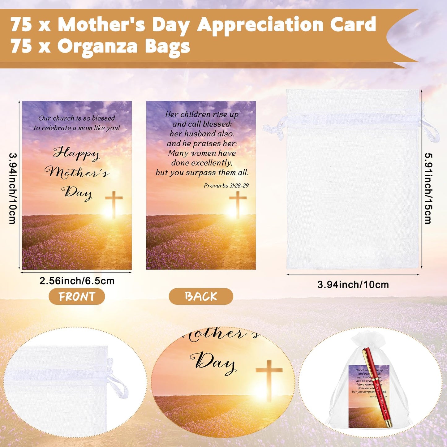 Tellingyou 75 Sets Mother's Day Church Gifts Bulk Included Happy Mother's Day Pens Inspirational Religious Cards Bible Verse Cards and Organza Bags for Women Church Members Christian Gift, 5 Colors