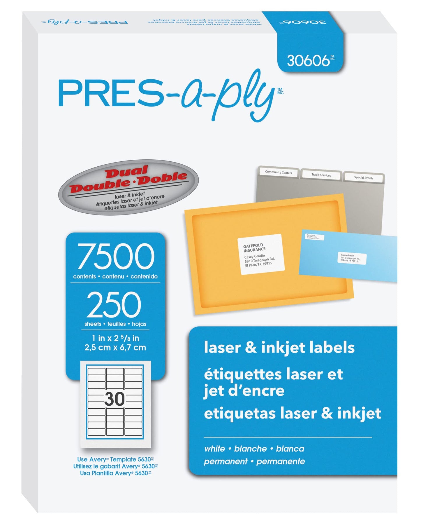 PRES-a-ply Laser Address Labels, 1 x 2.625 Inches, White, Box of 7500, 2 Packs (30606)