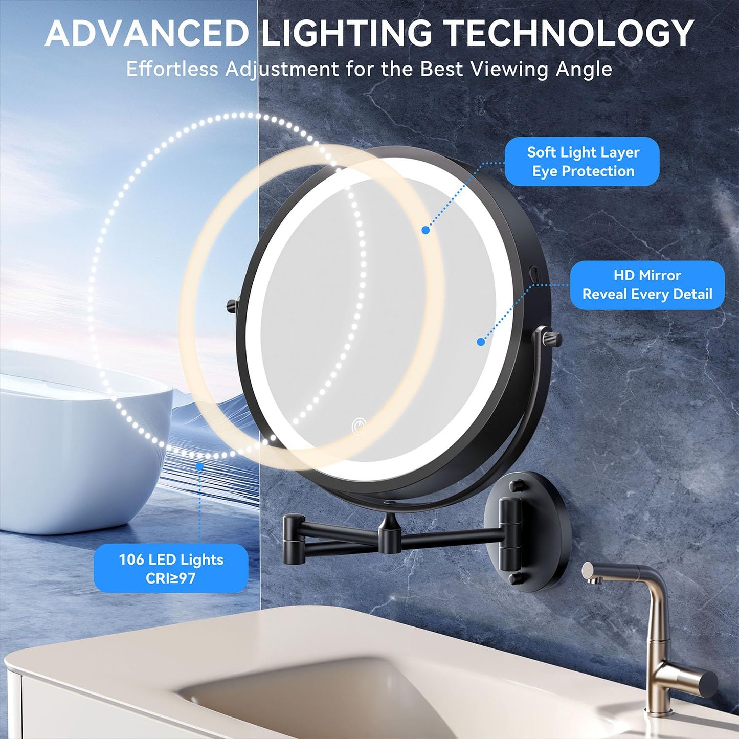 Auxmir 5000mAh Rechargeable Wall Mounted Makeup Mirror, 1X/30X Double Sided Magnifying Bathroom Mirror, 10" Lighted Vanity Mirror with 3 Color Modes, Touch Dimmable, 360° Swivel Extended Arm, Black