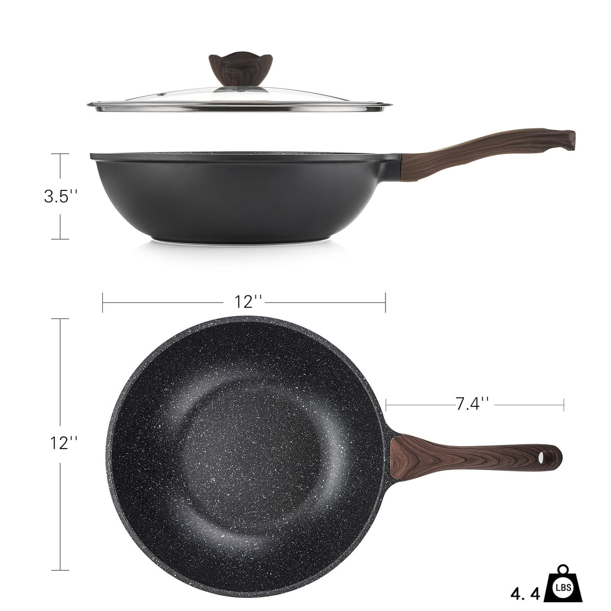 Kordisen Wok 30 cm, Induction Wok with Lid, Non-stick Stone Coating, Suitable for All Frying Pans, PFOA Free