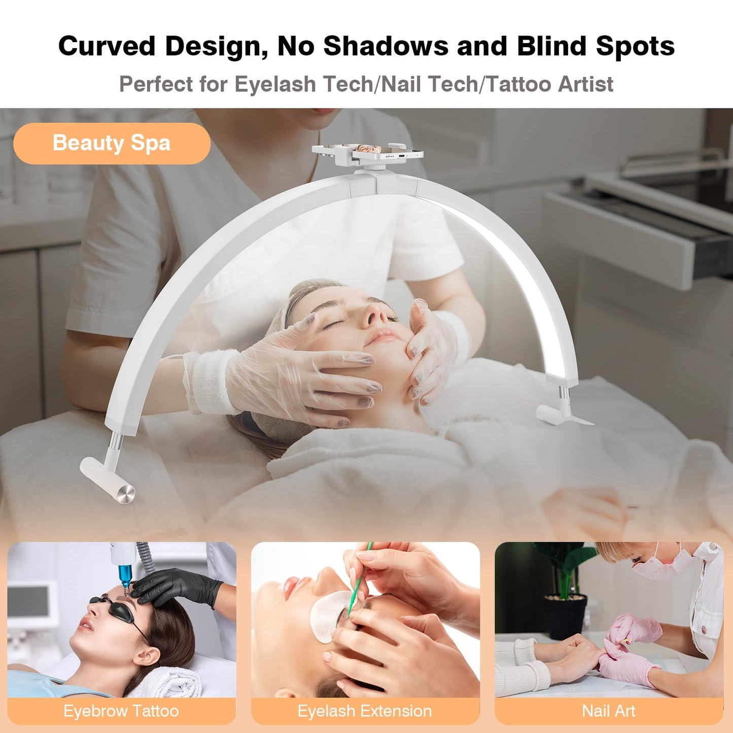 Mznoo Nail Light for Desk, 30in Large Half Moon Light with Phone Holder, 4000 Lumen Bright LED Moon Lamp for Nail Techs, Manicure and Handicraft, Adjustable Color Modes and Brightness (White)