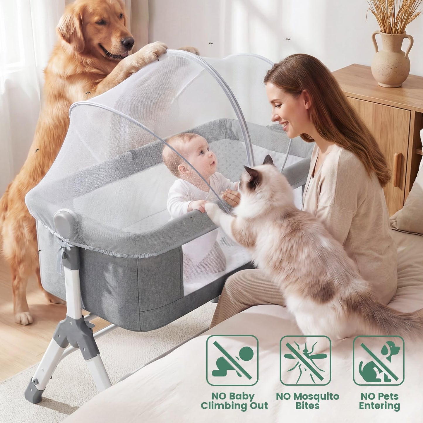 Orzbow Bassinet Cover for Cats - Breathable Mosquito Net Cover for Cradles/Travel Cribs/Mini Cribs, Baby Mosquito Net to Keep Pets Out, Baby Bassinet Accessories, Two-Way Self-Locking Zippers, White