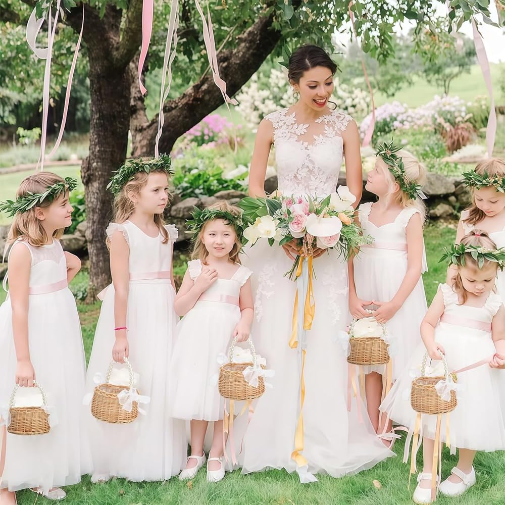 Wicker Rattan Flower Girl Basket Wedding Small with Pearl Handle and White Bow Fairy Handwoven for Home Decorations