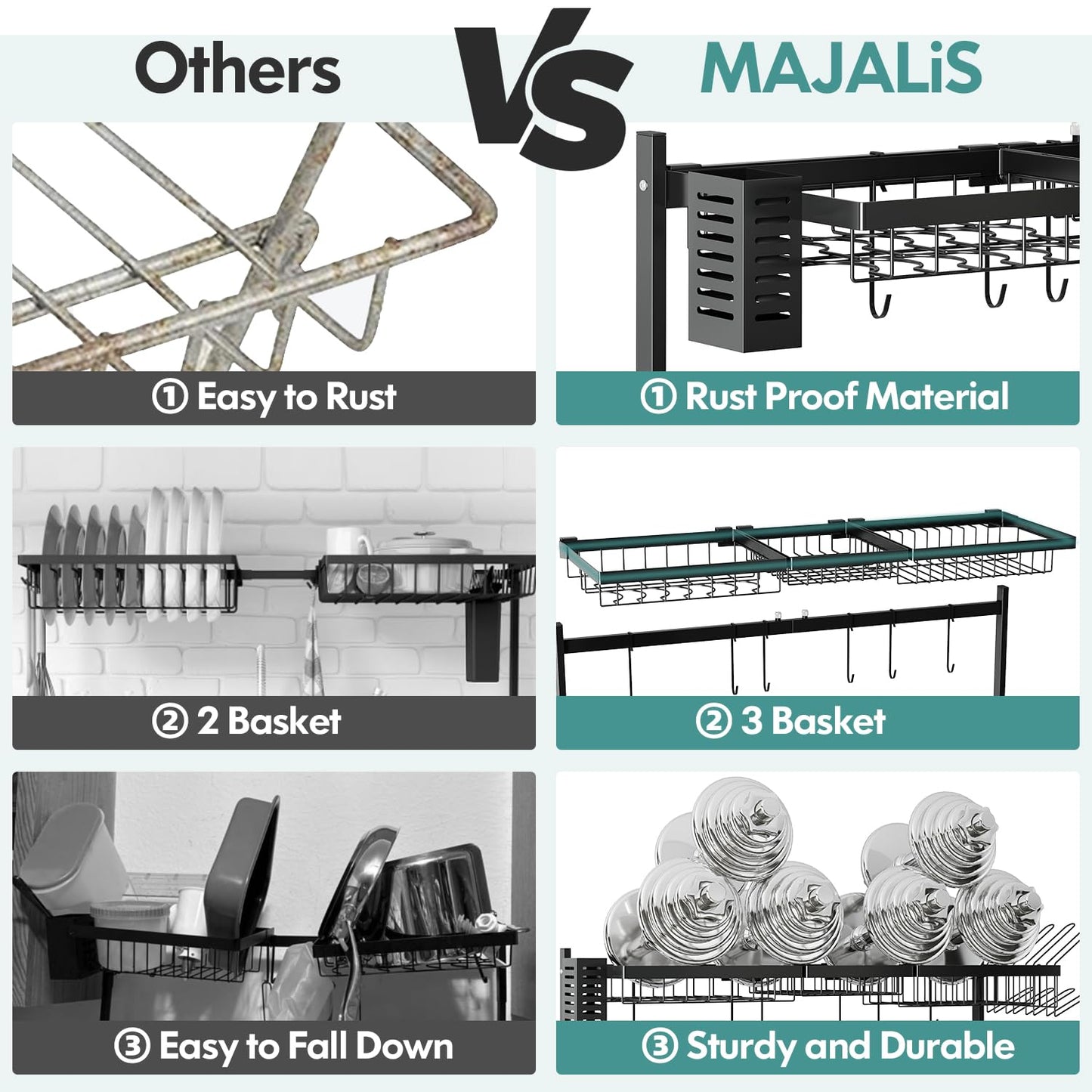 MAJALiS 2 Tier Over Sink Dish Drying Rack Stainless Steel Large Drainer for Kitchen, Height Adjustable Above Sink Shelf, Expandable Space Saving Over Counter Organizer with 6 Hooks, Black