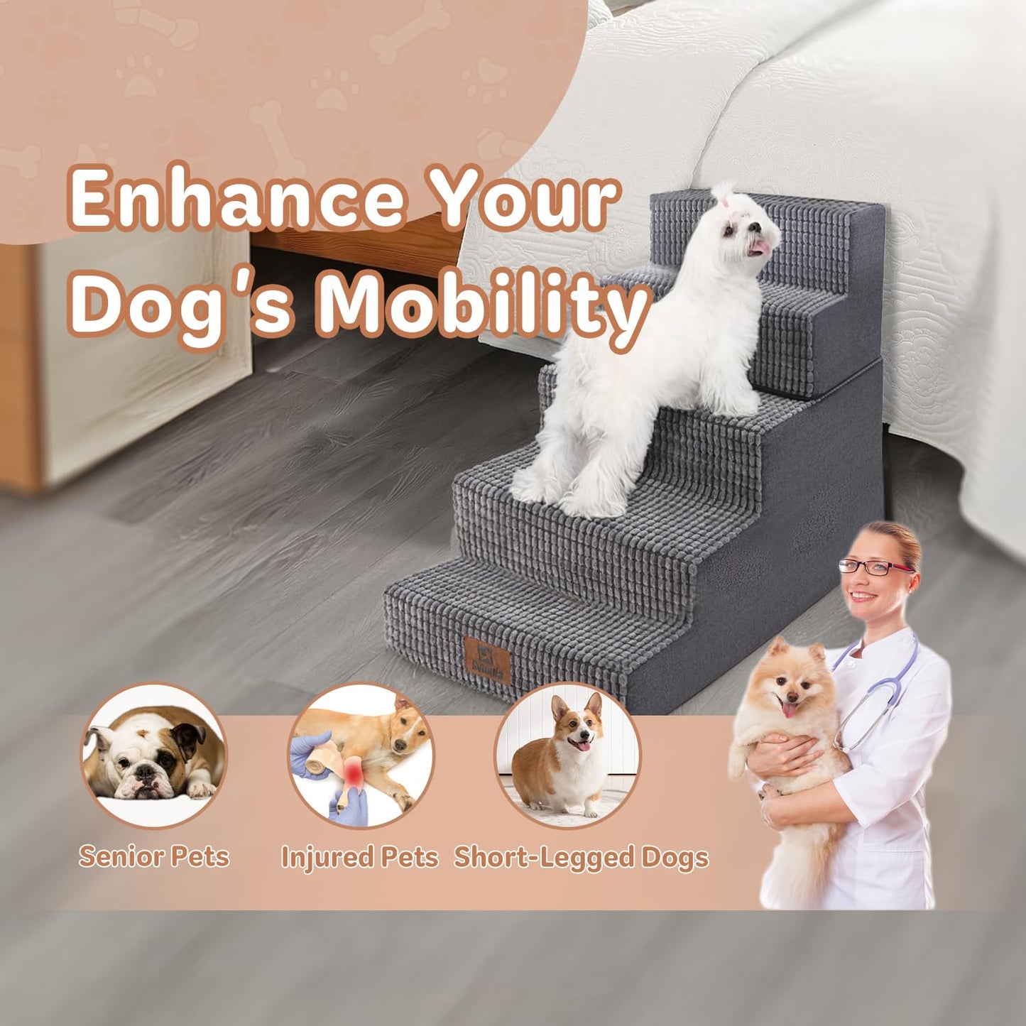 Pet Stairs Ramp for High Beds and Couch for Dogs to Get on Bed - 4 Steps Foldable Stairs for Small Dogs and Old Cats - Foam&Non-Slip&Washable by Sytopia, Grey, 2/3/4/5 Steps
