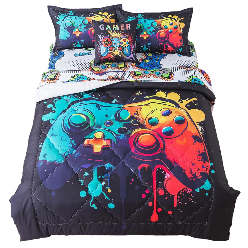 ADASMILE A & S 6 Pieces Gamer Comforter Sets for Boys Full Size Gaming Bedding Set Kids Teens Bed in A Bag Gamer Bed Set with Gamepad Sheets Soft Microfiber Controller Printed Home Decor