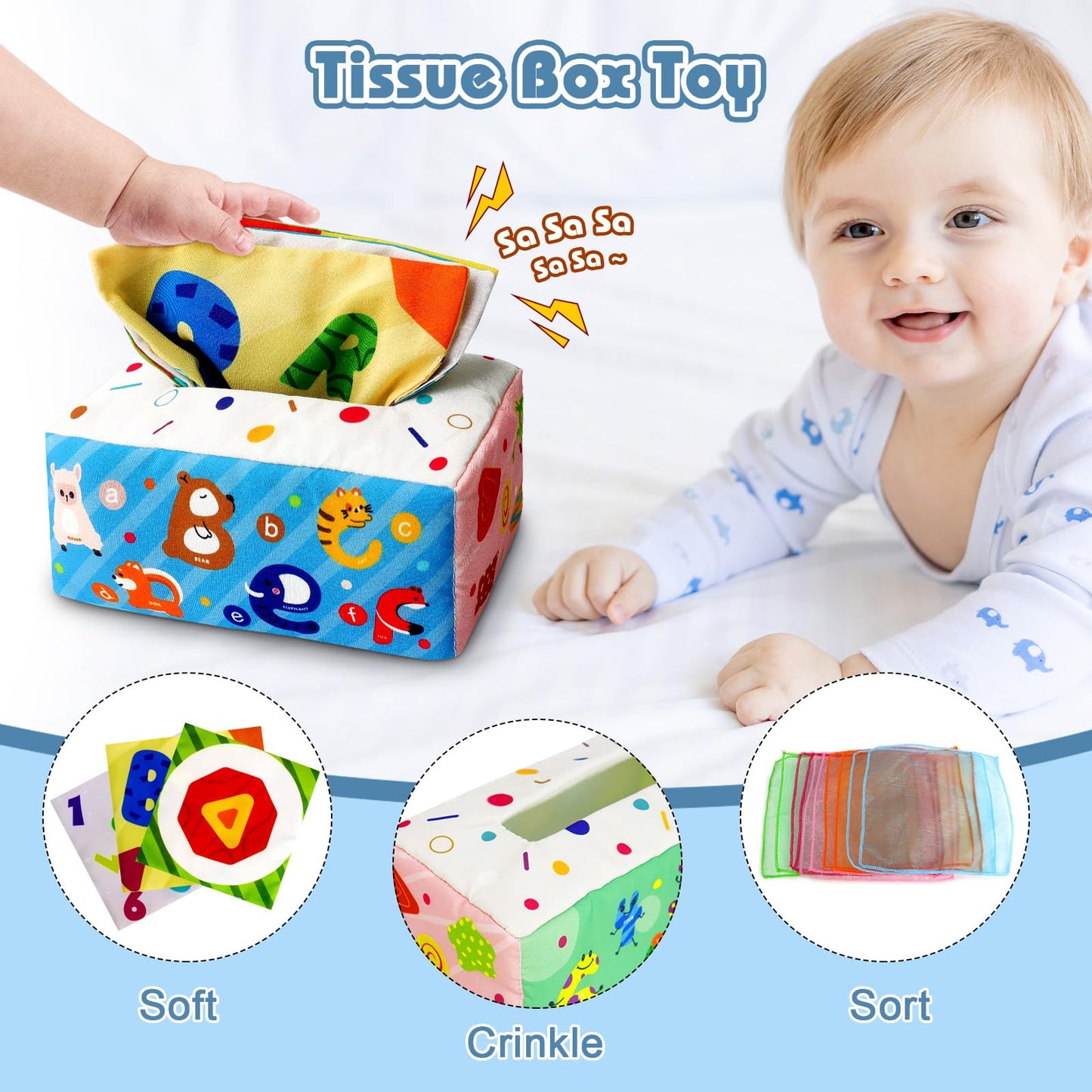 6 in 1 Baby Montessori Toys for 6-12 Months, Montessori Toys for Babies Incl Pull String Toy, Stacking Cups, Tissue Box Toy, Suction Cup Spinner Toys, Stacking Blocks, Activity Cube Gift for Boy Girl