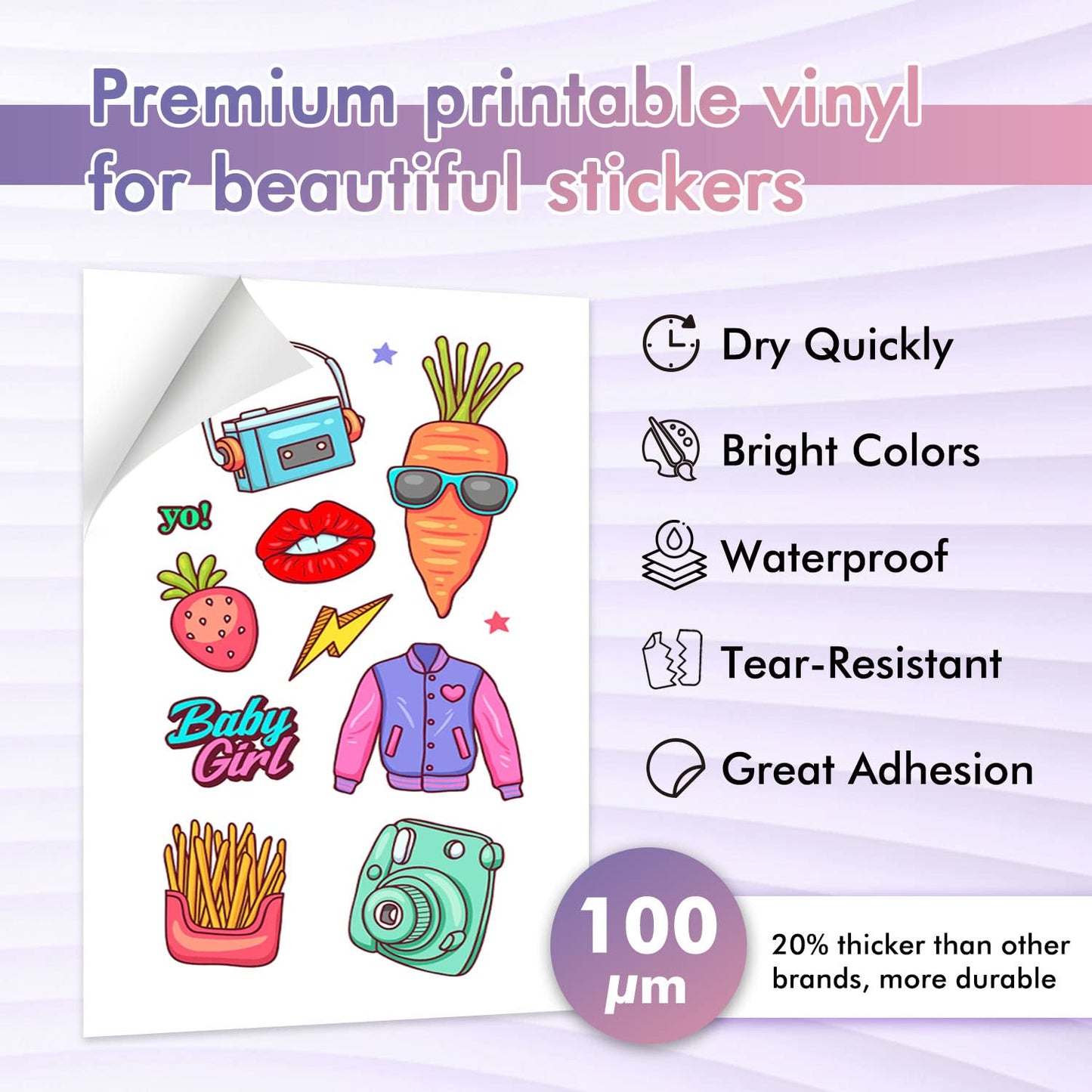 Koala Printable Vinyl Sticker Paper for Inkjet Printers - 100 Sheets Glossy White Waterproof Adhesive Label Paper - 8.5x11 Inch, Tear-Resistant, Removable