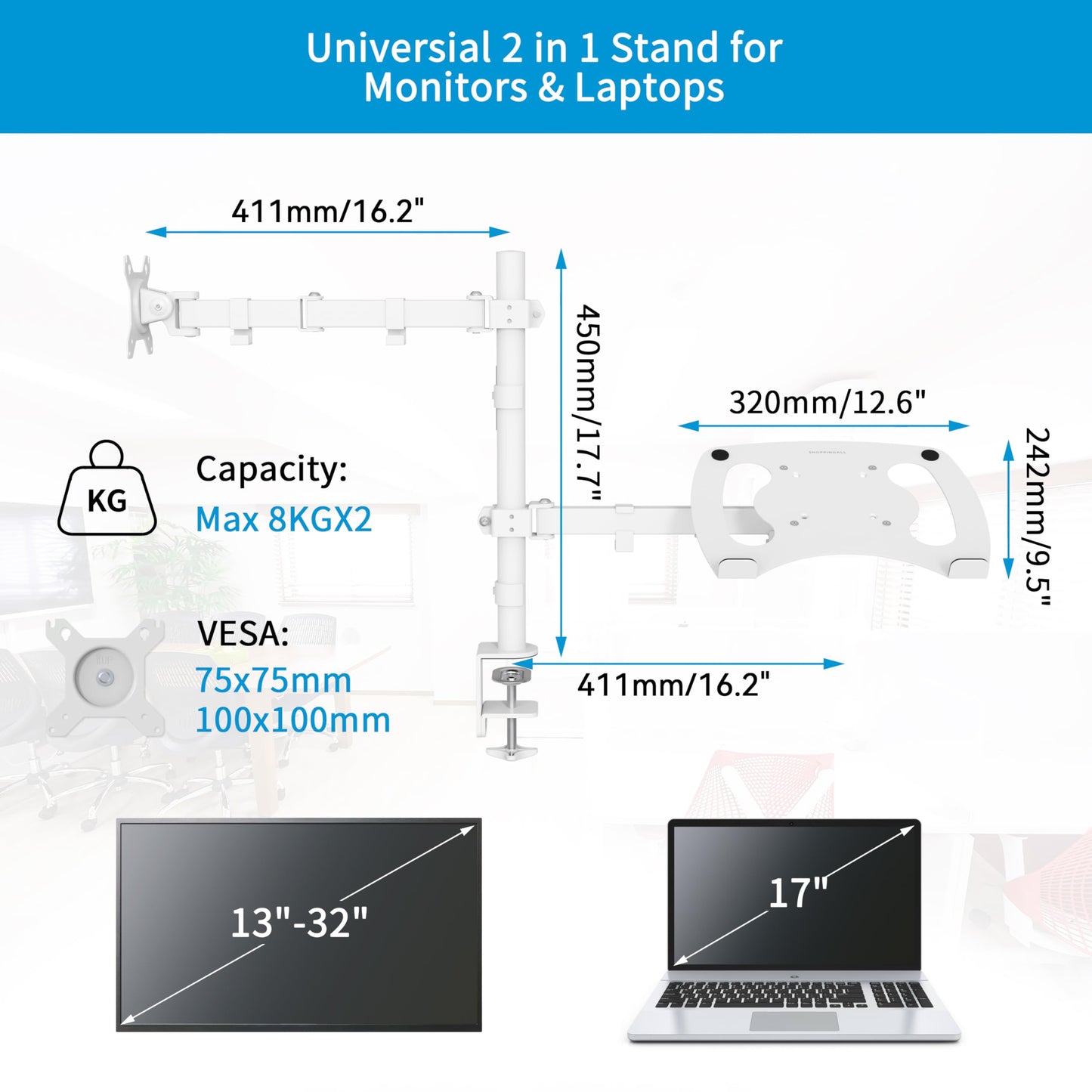 SHOPPINGALL Fully Adjustable Dual Monitor & Laptop Mount Stand Notebook Desk Mount with Tray with 2 Swing Arms for Monitors up to 32" Laptops up to 17", with Clamp and Grommet Mounting - SA-LH07-White