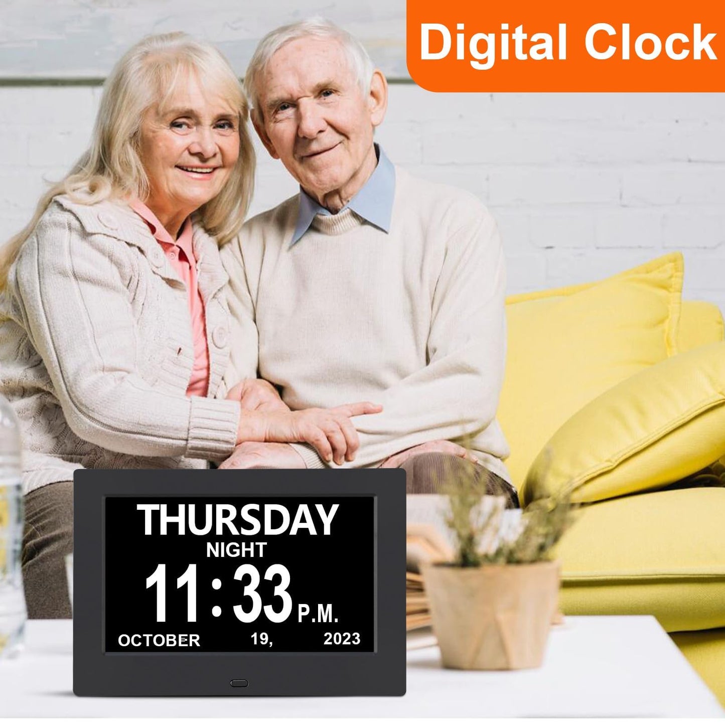 Yuanzeco Alarm Clock with Day and Date for Elderly 3Displays 7inch Digital Calendar Day Clock Photo Frame- Auto Dimmable Display 15 Alarm Options, Day Clock with Non-Abbreviated Day & Month (Black)