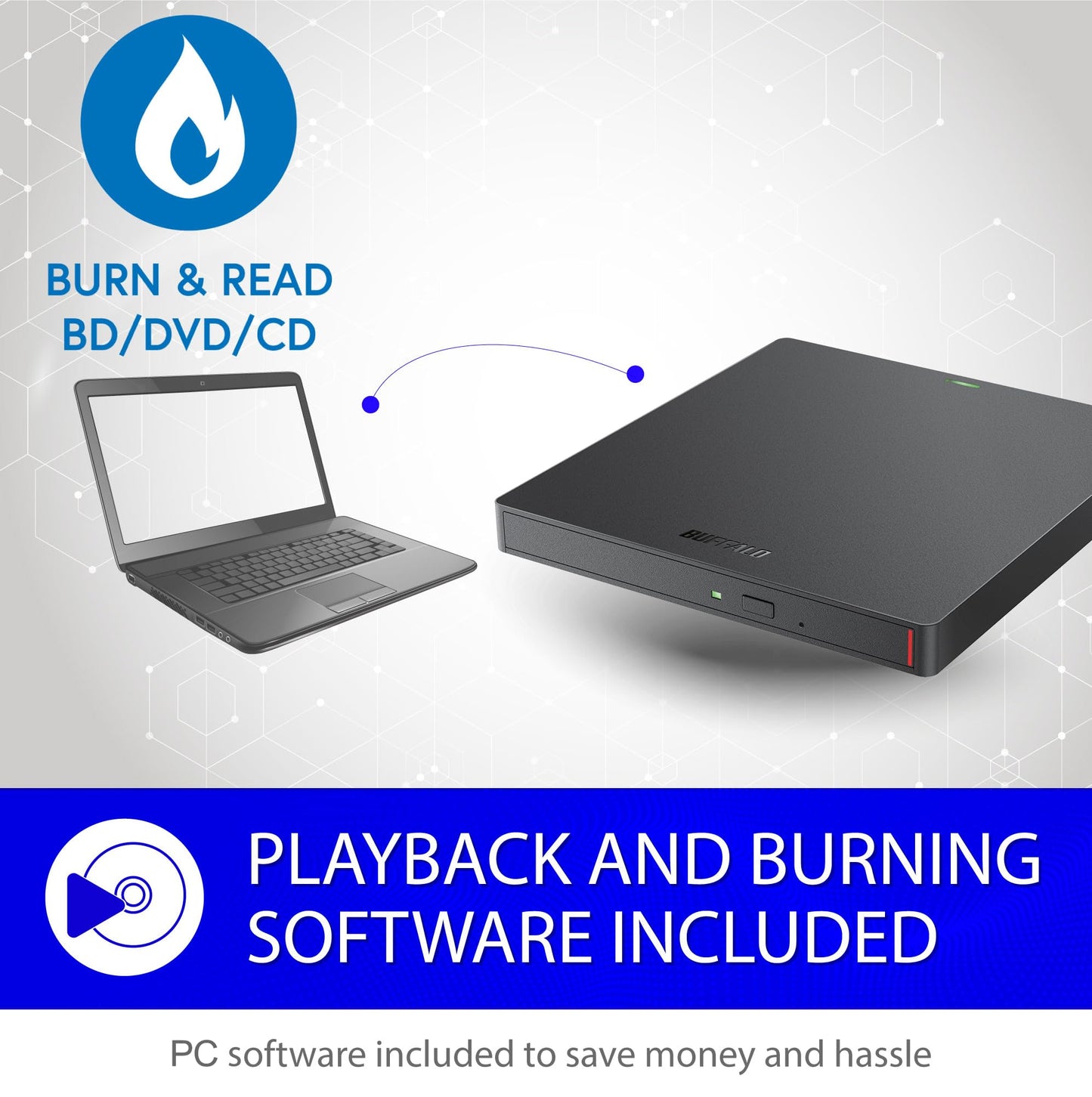 Buffalo MediaStation 6X Portable Blu-ray Drive/External, Plays and Burns Blu-Rays, DVDs, and CDs with USB 3.2 (Gen 1) Connection. Compatible with Laptop, Desktop PC and Mac