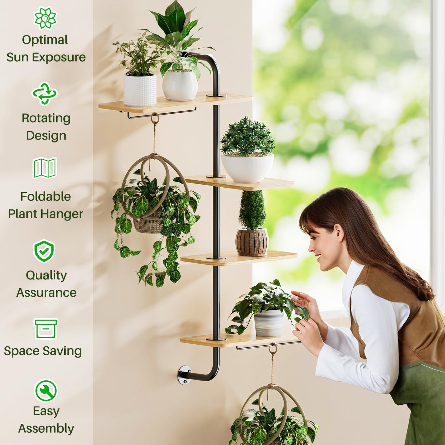 Window Shelf for Plants, YUOROS 4-Tier Rotating Window Sill Plant Shelves Stand Plant Wall Holder with Hanger