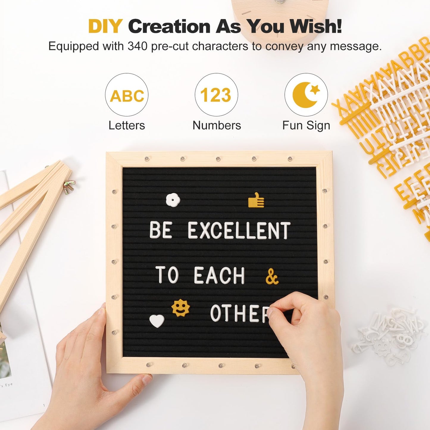 Lewondr Felt Letter Board, 10"×10" Wooden Letter Board Sign, Changeable Message Board with 20 LED Lights & 340 Letters, Pregnancy Baby Announcement Sign, First School Day Board, Black