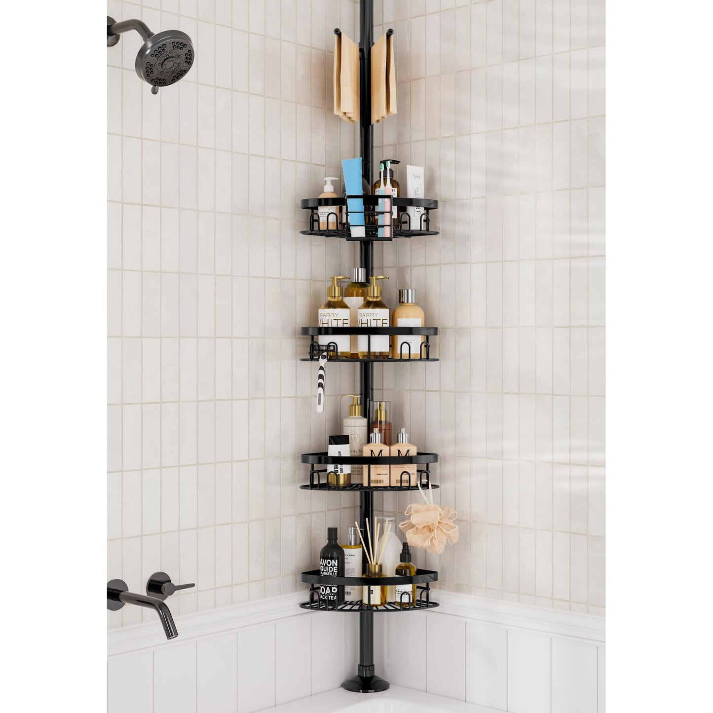 cutefafa Rustproof Corner Shower Caddy with Tension Rod, 4 Large Baskets for Bathtub Shampoo Storage Organizer Bathroom Height Adjustable Shelves from 50 to 297 cm with Towel Bar