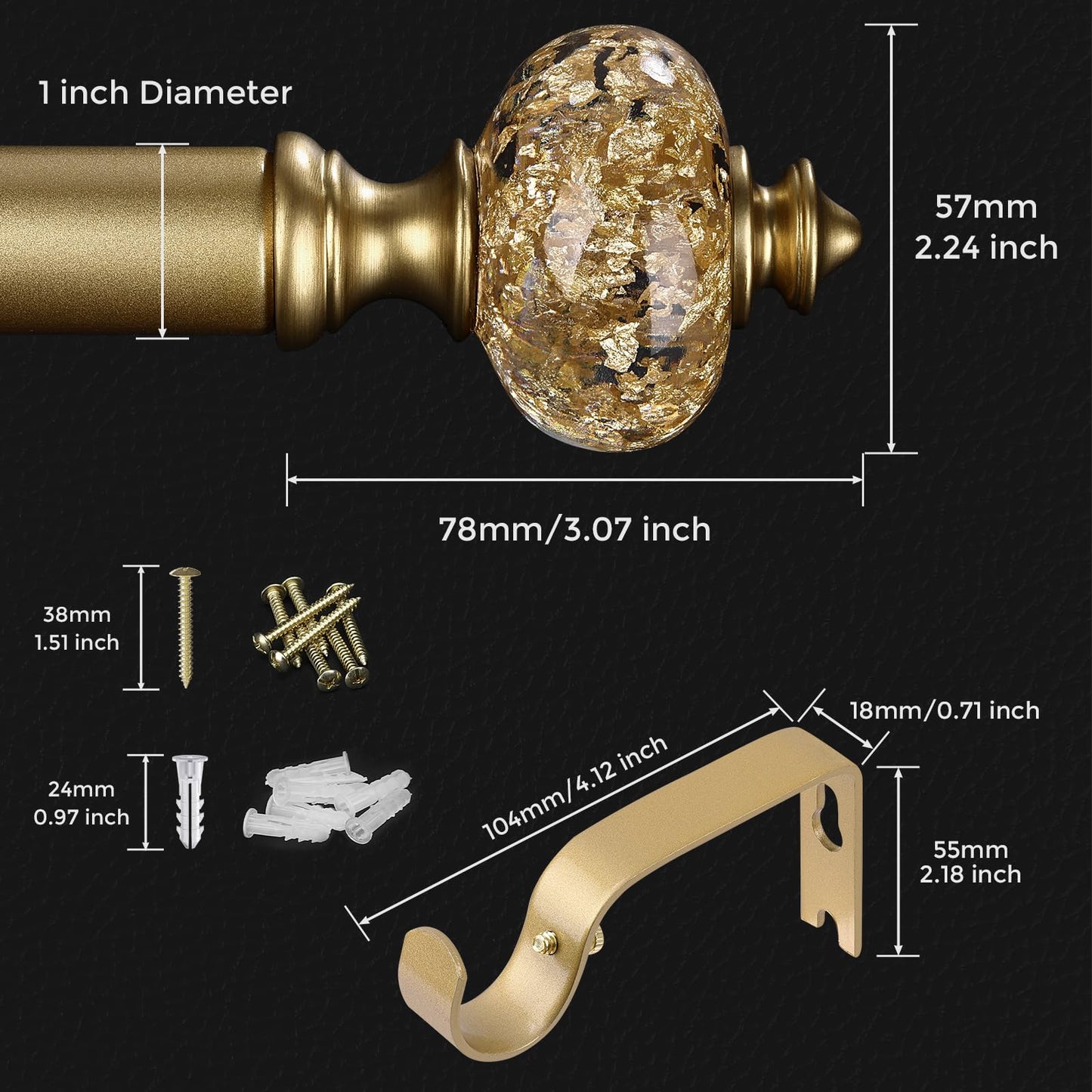 2 Pack Gold Curtain Rod for Windows 28 to 48 Inches, 1'' Heavy Duty Adjustable Modern Drapery Rods with Unique Crystal Finials, Luxury Decorative Curtain Rods, Size: 30-60''