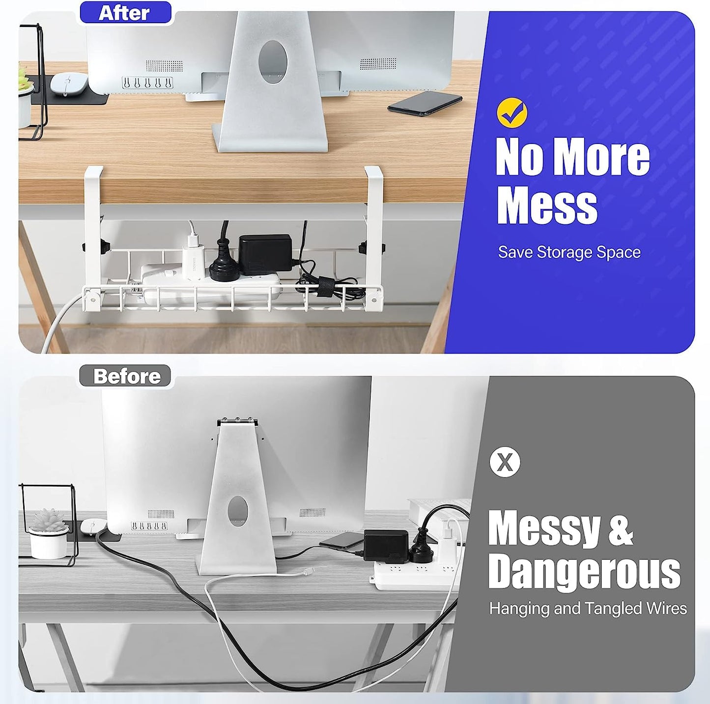 Under Desk Cable Management Tray 2 Pack, Xpatee Wire Management No Drill No Screws, Cable Tray with Clamp for Desk Wire Management, Computer Cable Rack for Office, Home - No Damage to Desk White