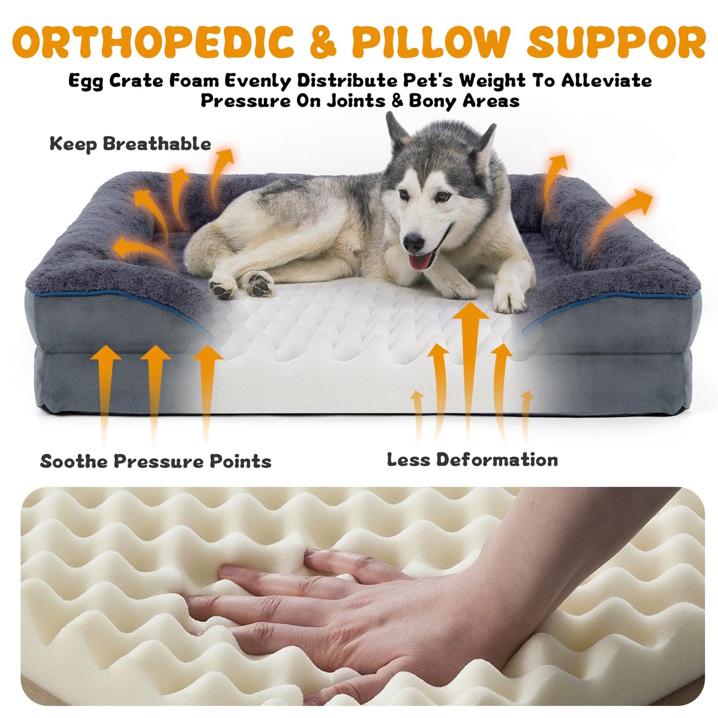 Bnonya Orthopedic Dog Bed, Dog Bed for Large Dogs, Bolster Pet Bed Couch with Removable Washable Cover, Egg Foam and Nonskid Bottom