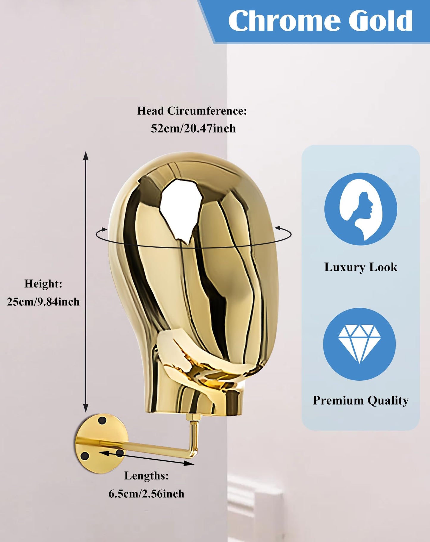 CHADWICK Wall-Mount Hat Display Stand - Wig Head Stands, Detachable Mannequin Head Stand, Durable Plastic Material, for Salons & Beauty Stores, Luxury Look at Home, Head Circumference 52cm/20inch (Gold Stand)