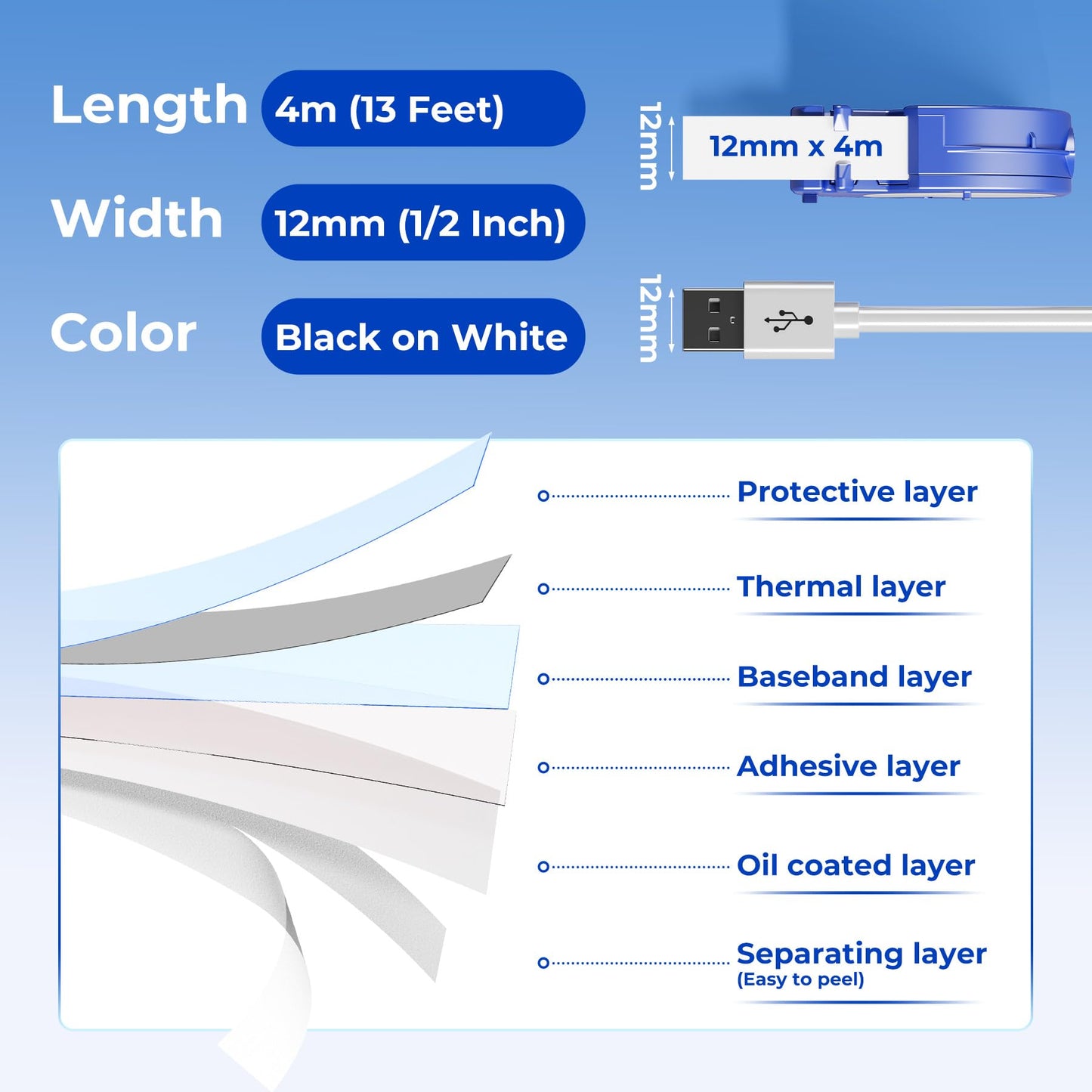 Freshworld 10-Pack 91331 Replace for Dymo Label Maker Refill White Plastic Tape 1/2'' 13' Label Maker Tape 12mm S0721610 Compatible with Dymo Letratag Refills Plus LT100H LT100T 200B QX50 XM XR 2000