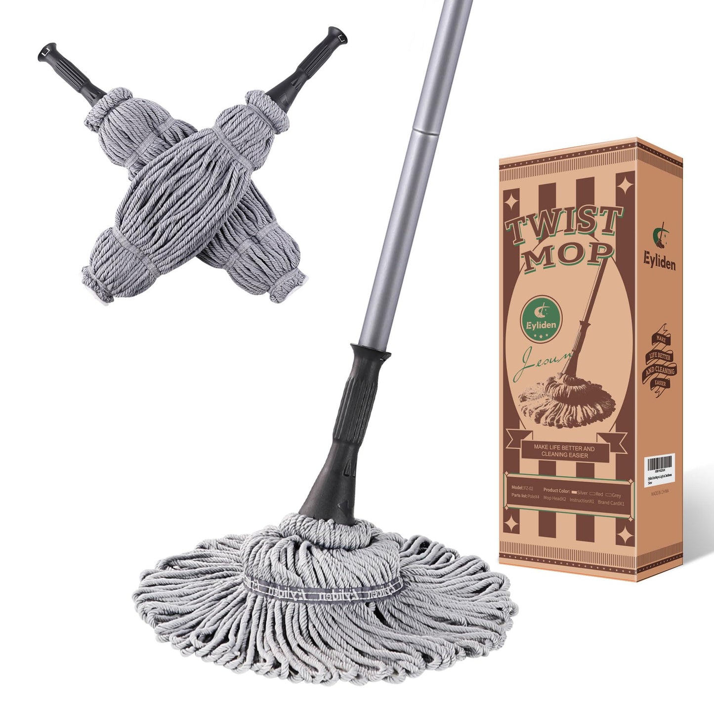 Eyliden Microfiber Twist Mop - Hand Release Washing Mop for Floor Cleaning - Dry&Wet Mops with Wringer, 2 Removable Washable Heads, 57.5inch Long Handle, Scouring Pad (Grey)